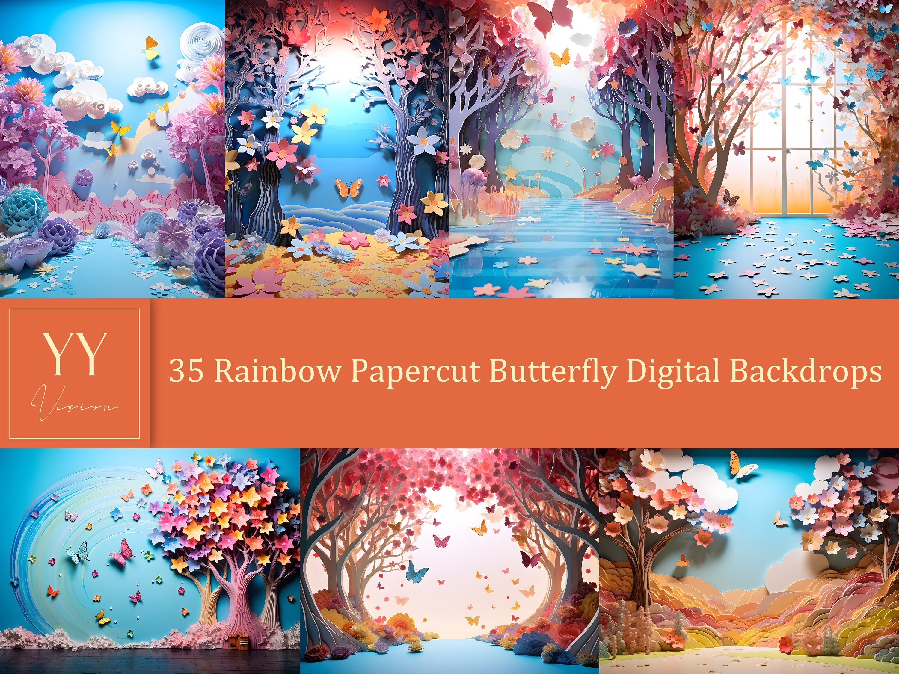 35 Rainbow Papercut Butterfly Digital Backdrops Sets for Newborn Baby Cake Smash Maternity Photography Fine Arts Studio Photoshop overlay