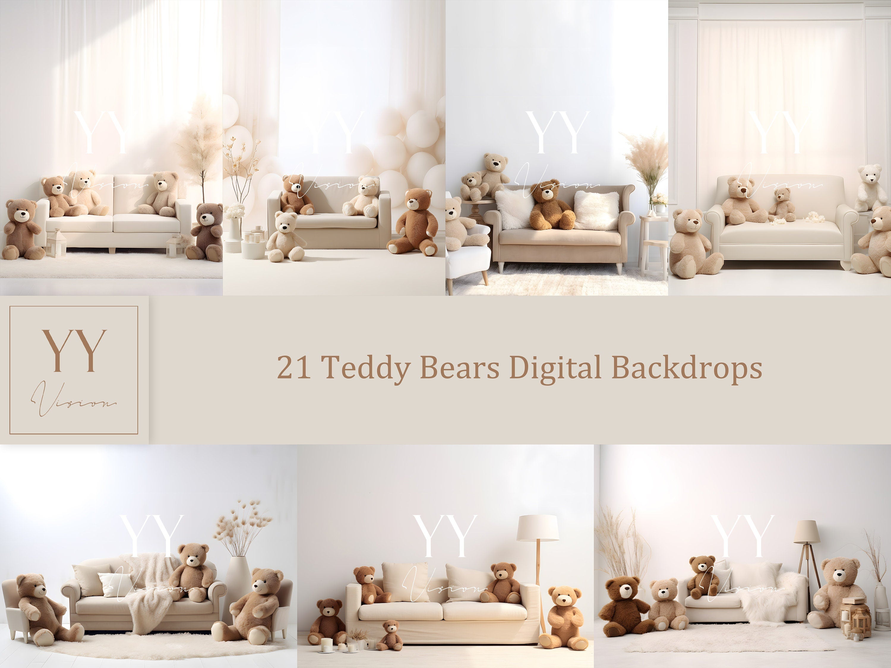 21 Teddy Bears Digital Backdrops Sets for Newborn Baby Cake Smash Maternity Photography Fine Arts Studio Photoshop Background