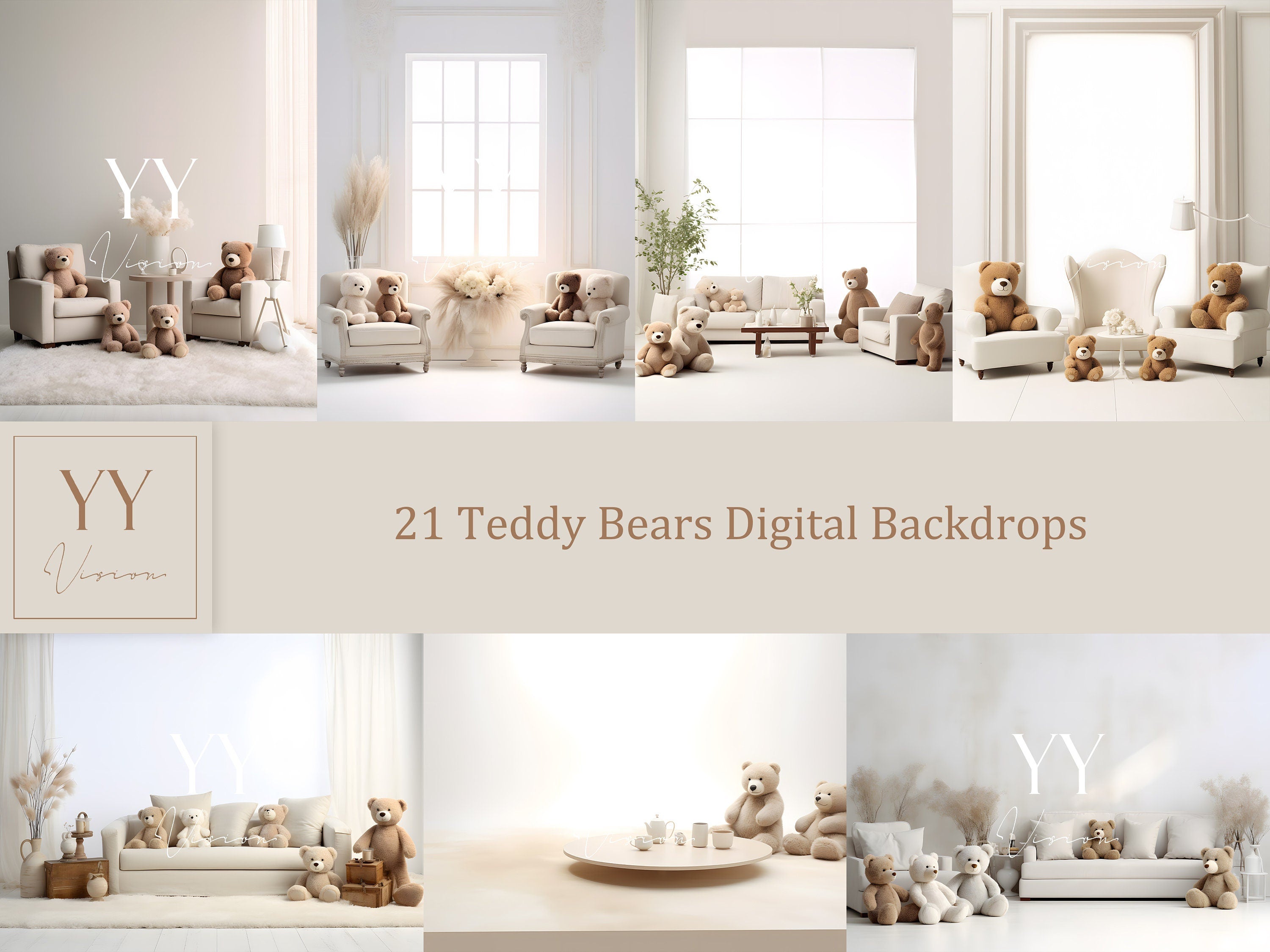 21 Teddy Bears Digital Backdrops Sets for Newborn Baby Cake Smash Maternity Photography Fine Arts Studio Photoshop Background