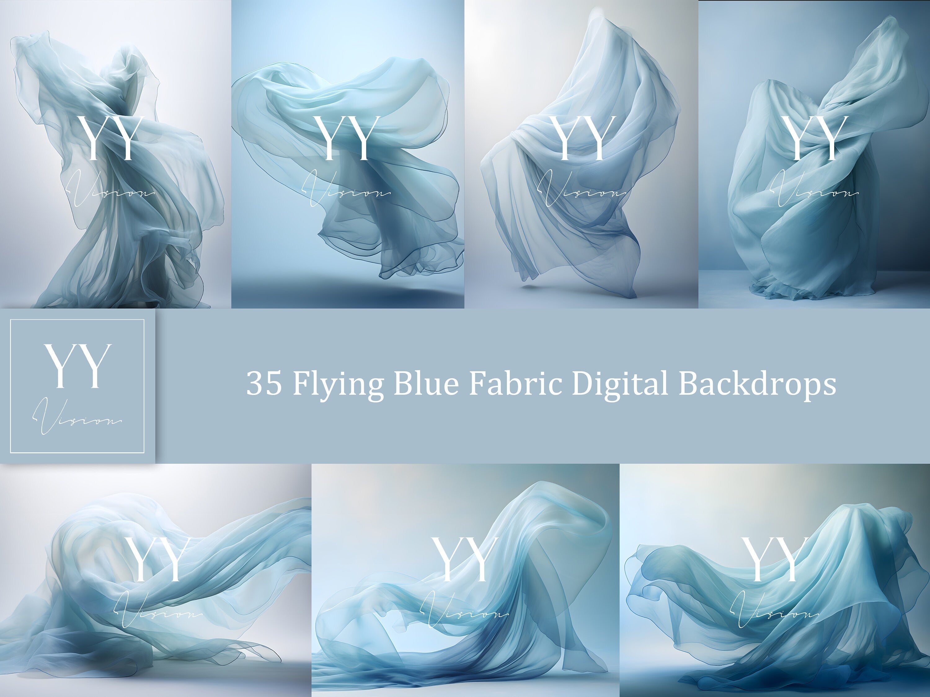 35 blaue fliegende Seidenstoff-Digital-Hintergrund-Sets für Schwangerschaftsfotografie, Fine Arts, Hochzeitsstudio, Photoshop