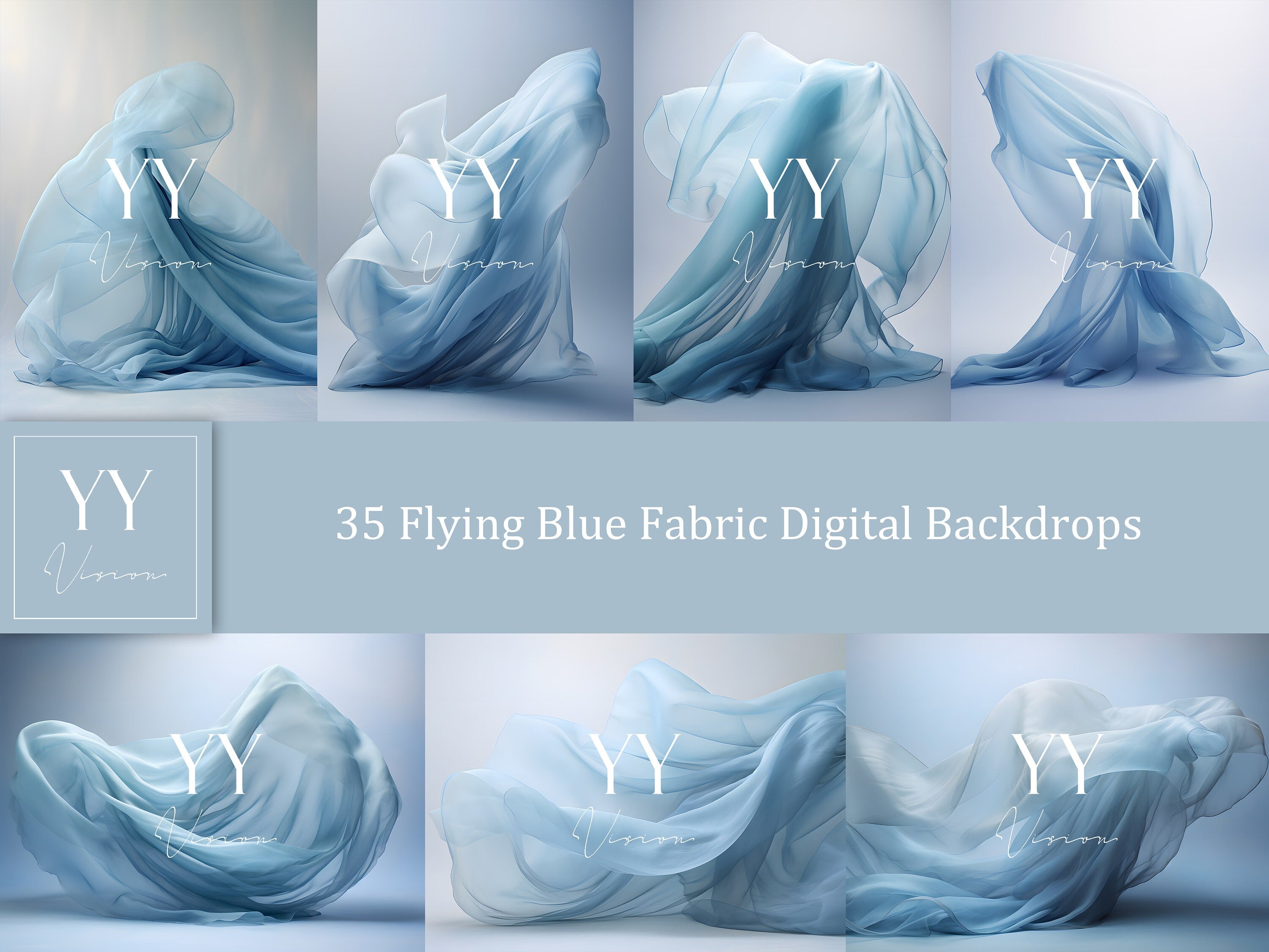 35 blaue fliegende Seidenstoff-Digital-Hintergrund-Sets für Schwangerschaftsfotografie, Fine Arts, Hochzeitsstudio, Photoshop