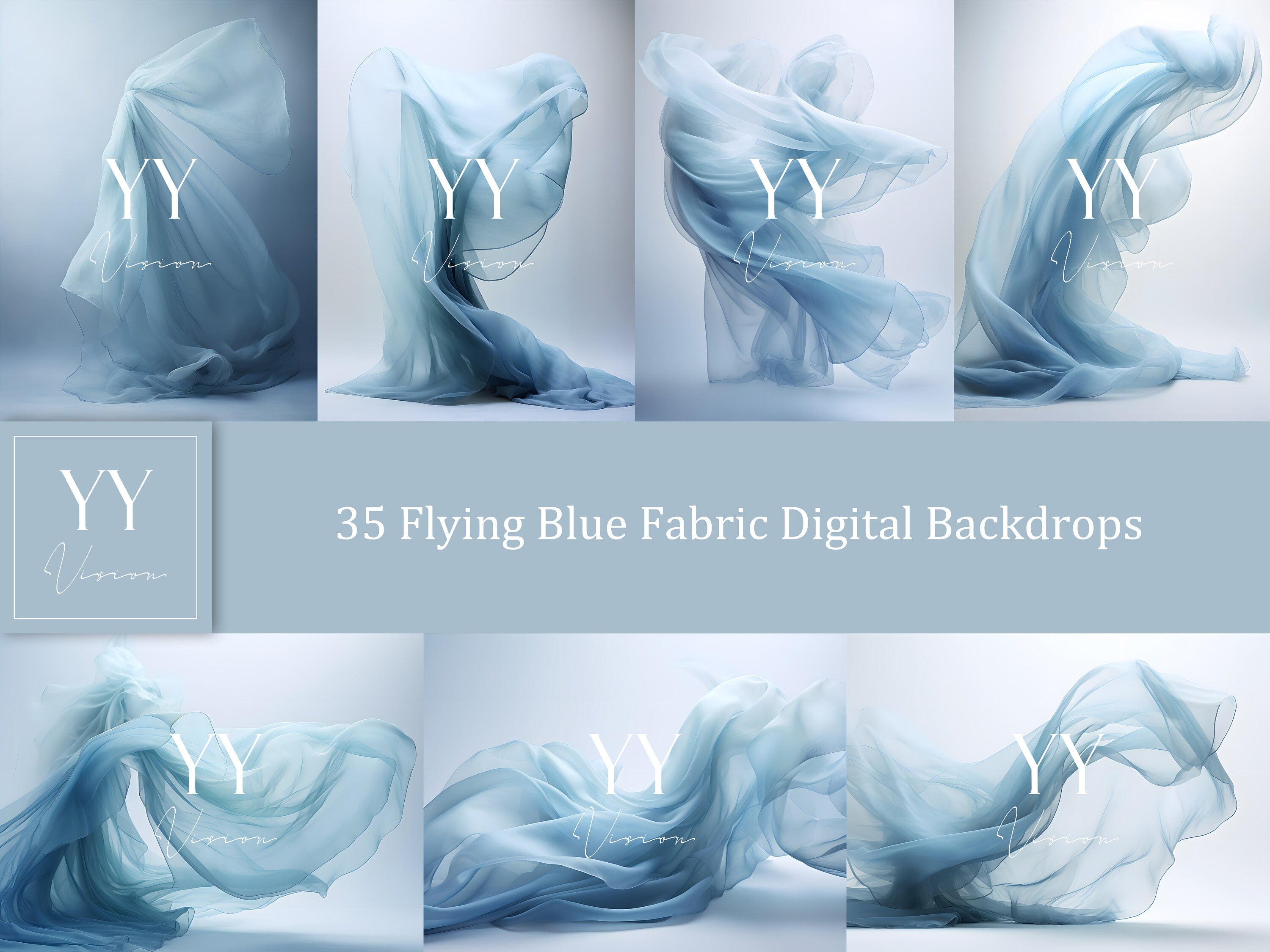 35 blaue fliegende Seidenstoff-Digital-Hintergrund-Sets für Schwangerschaftsfotografie, Fine Arts, Hochzeitsstudio, Photoshop