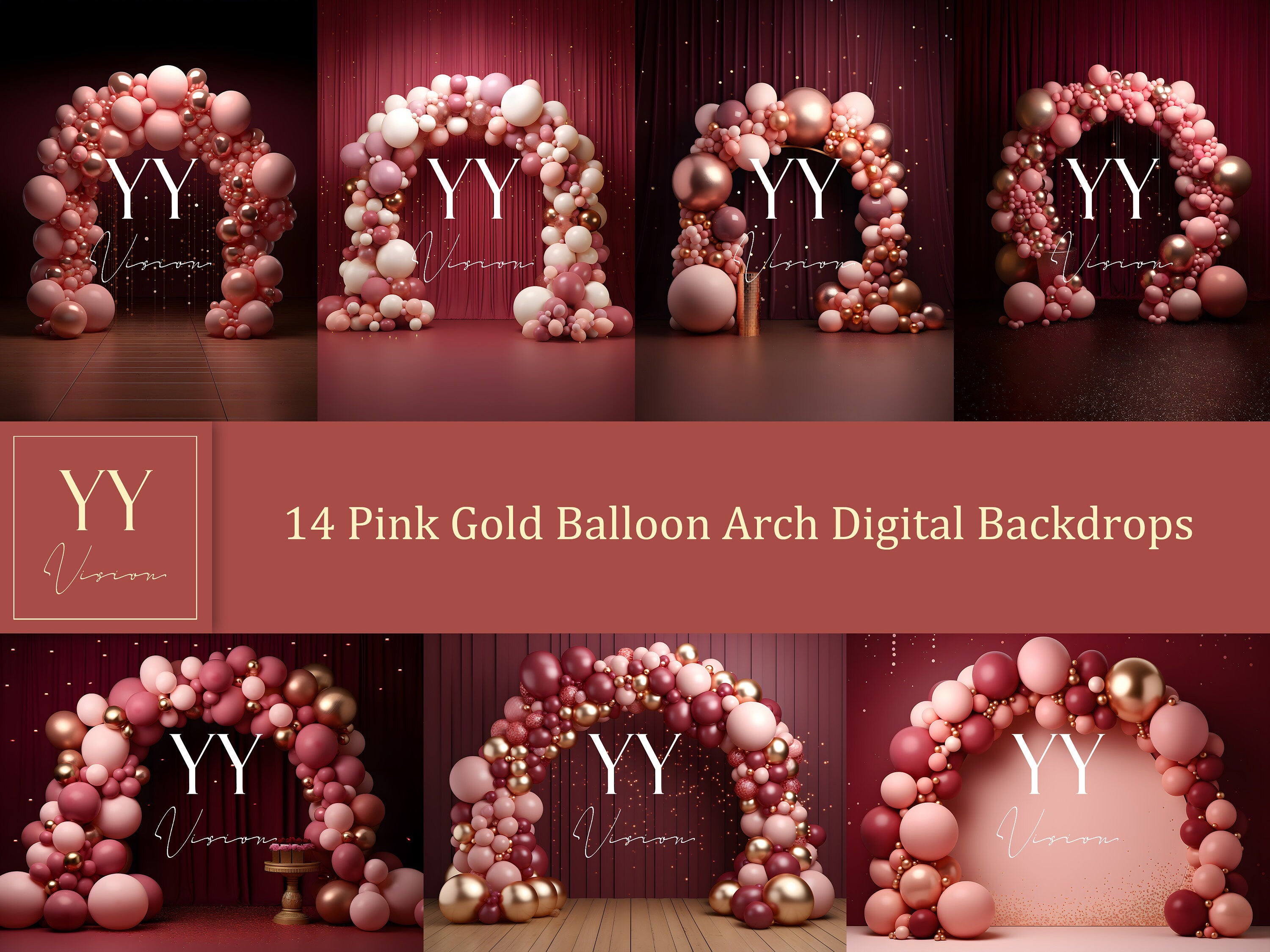 14 Pink Gold Balloon Arch Digital Backdrops Sets for Newborn Baby Cake Smash Photography Fine Arts Studio Photoshop Background