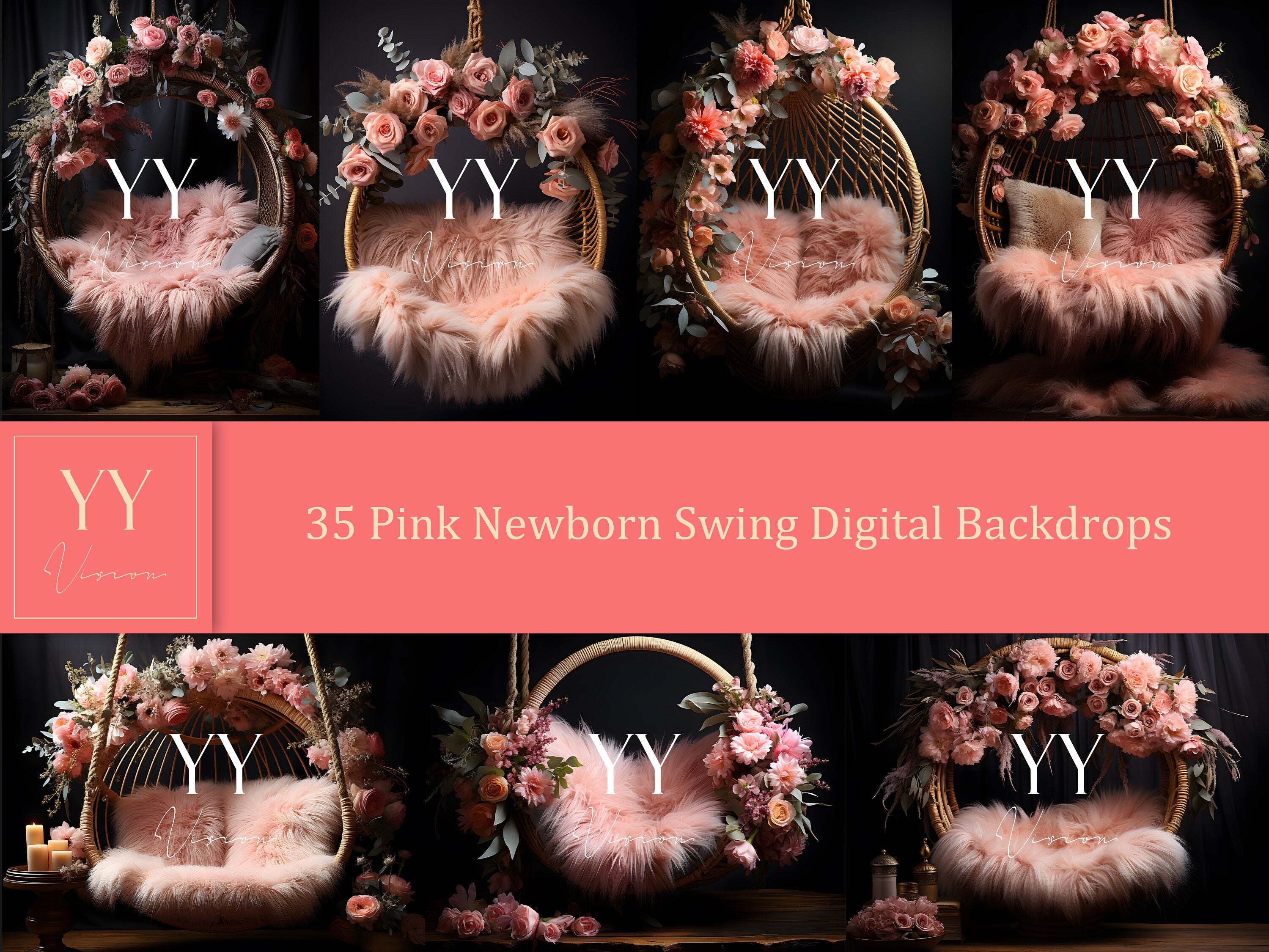 35 Pink Newborn Baby Swing Digital Backdrops Sets for Newborn Maternity Photography Fine Arts Studio Photoshop Background