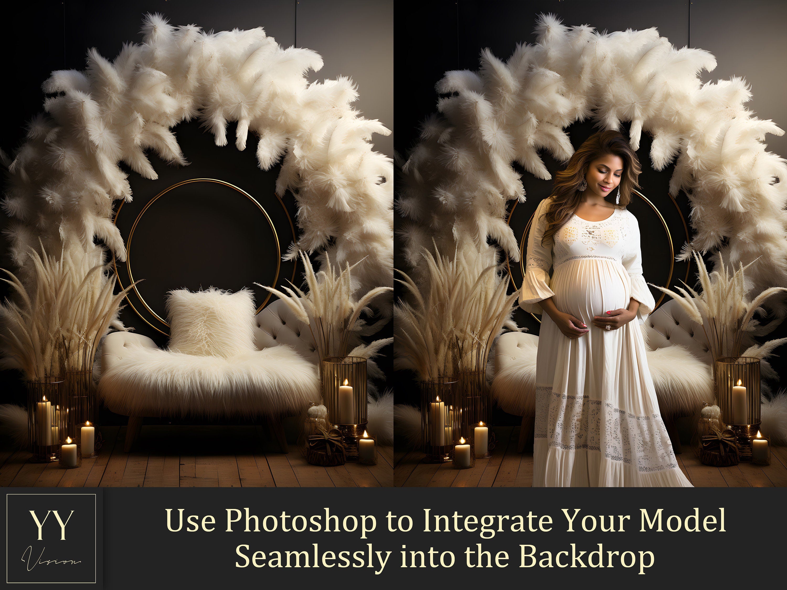 35 White Feather & Pampas Grass Dark Background Digital Backdrops Sets for Maternity Photography Wedding  Digital Backdrop Photoshop