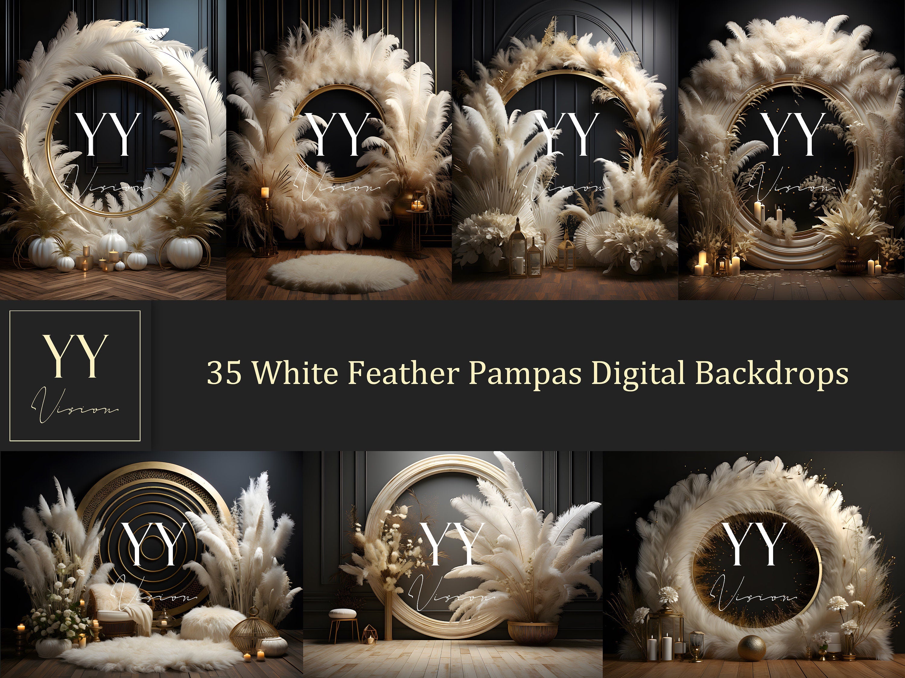 35 White Feather & Pampas Grass Dark Background Digital Backdrops Sets for Maternity Photography Wedding  Digital Backdrop Photoshop