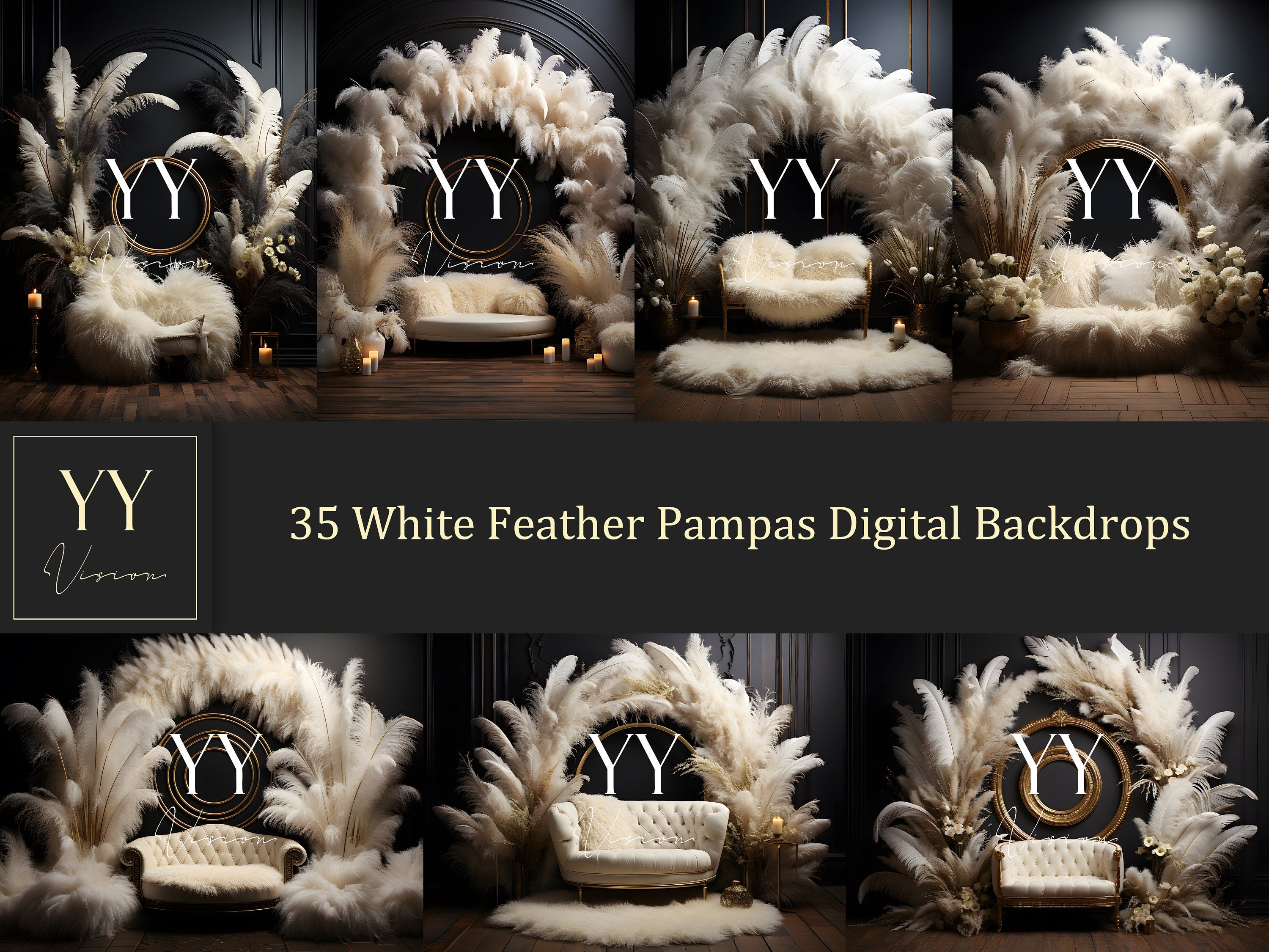 35 White Feather & Pampas Grass Dark Background Digital Backdrops Sets for Maternity Photography Wedding  Digital Backdrop Photoshop