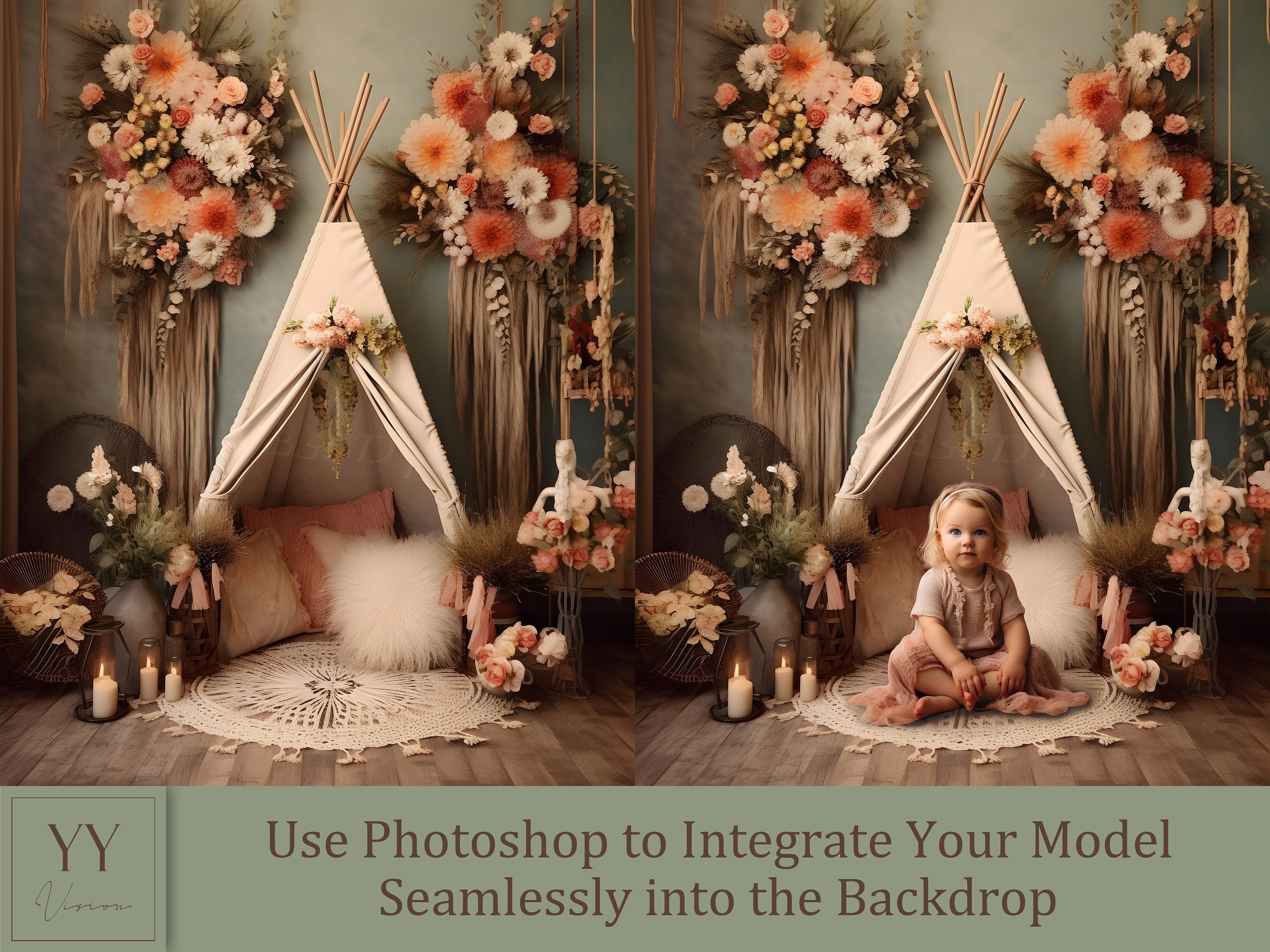 35 Boho Green Indoor Baby Digital Backdrops Sets Maternity Studio Photography Cash Smash Photography JPG Photoshop Overlays