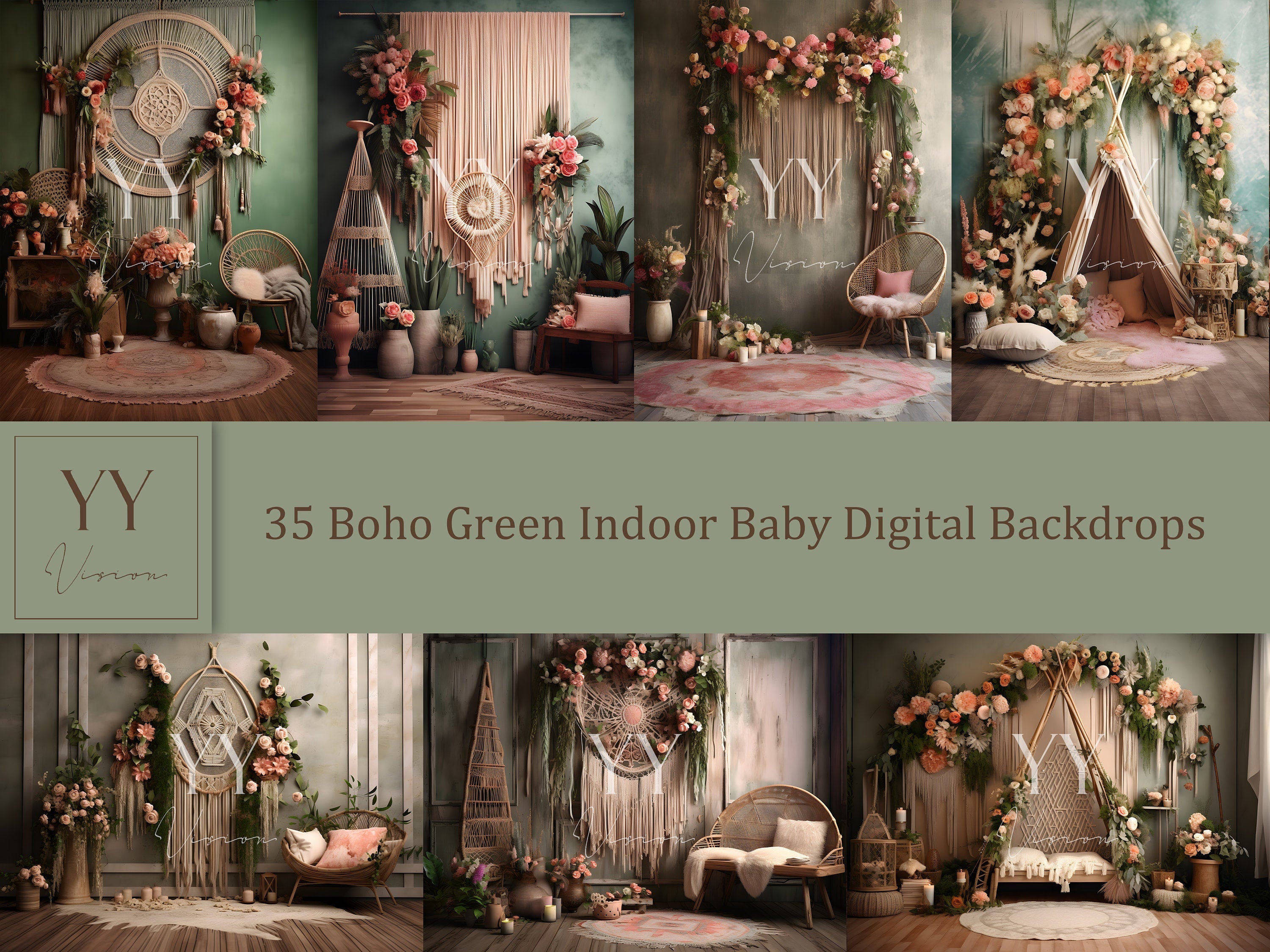 35 Boho Green Indoor Baby Digital Backdrops Sets Maternity Studio Photography Cash Smash Photography JPG Photoshop Overlays