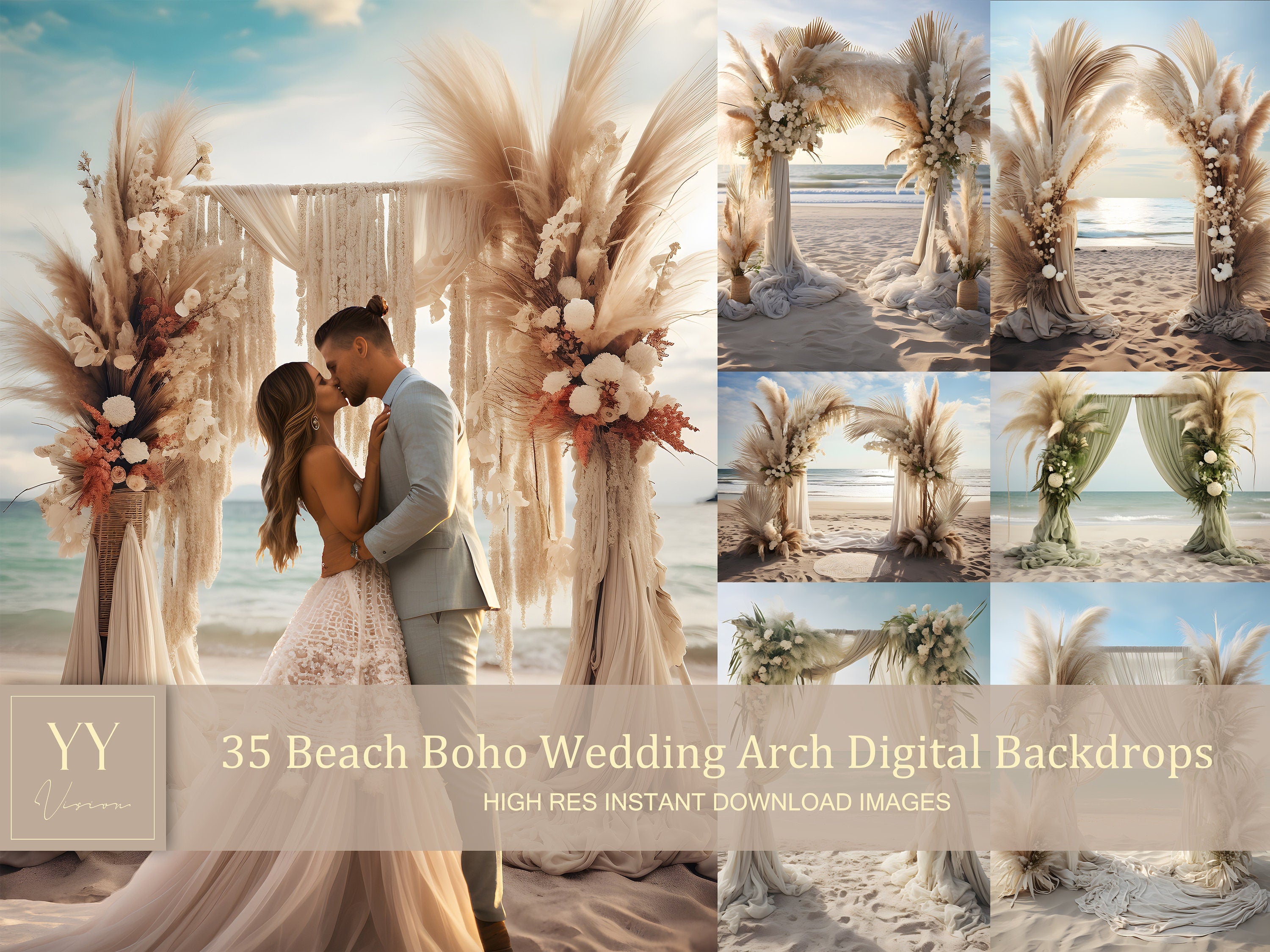 35 Boho Hochzeitsbogen am Strand Digitale Hintergründe Sets Schwangerschaftsfotografie Hochzeit Valentinstag Hintergrund Photoshop Overlay