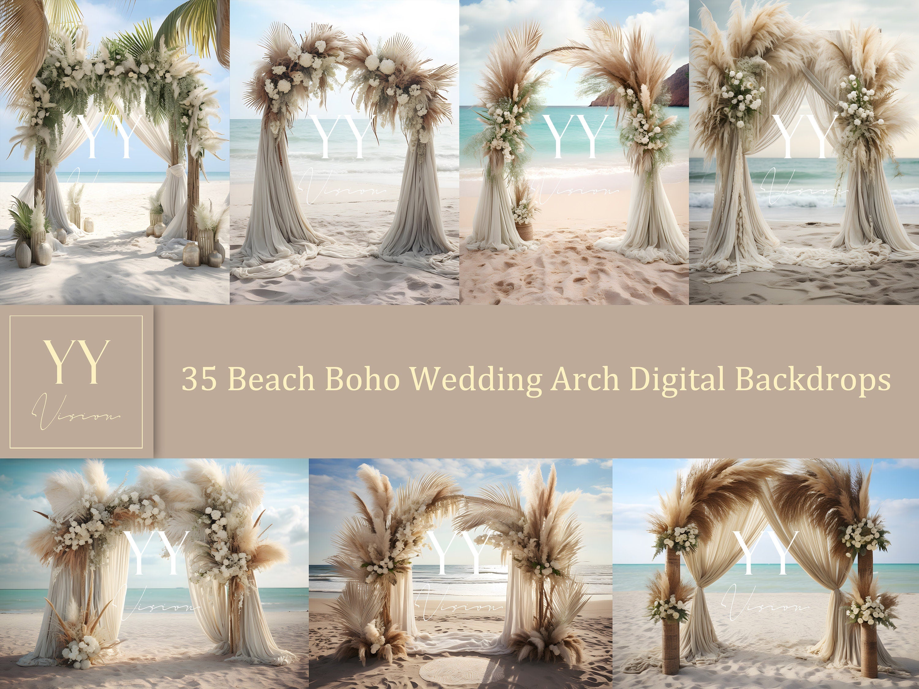 35 Boho Hochzeitsbogen am Strand Digitale Hintergründe Sets Schwangerschaftsfotografie Hochzeit Valentinstag Hintergrund Photoshop Overlay