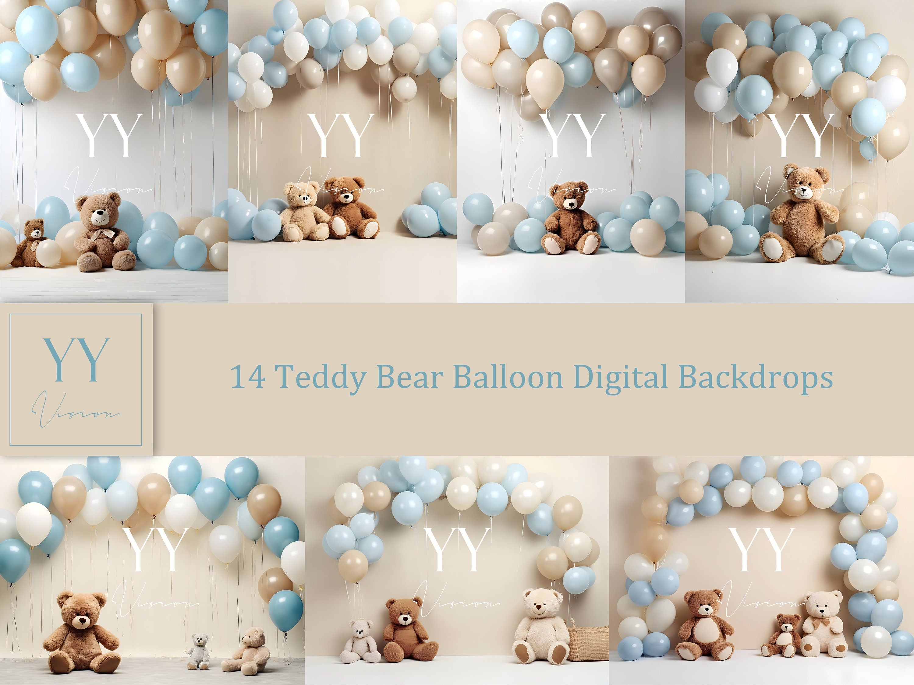 14 Teddy Bears & Balloon Blue Digital Backdrops Sets Newborn Baby Cake Smash Maternity Photography Fine Arts Studio Photoshop overlay