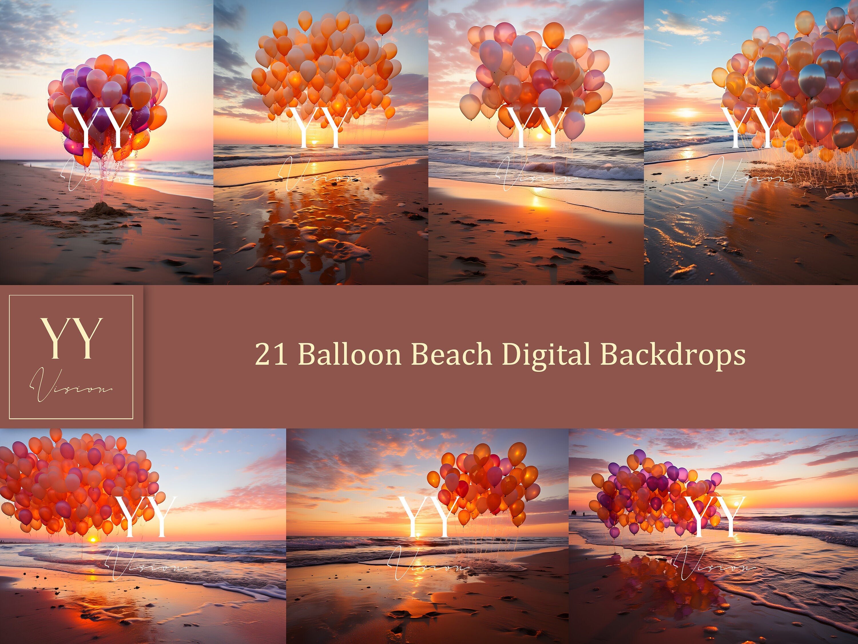 21 Balloon Beach Digital Backdrops Sets for Wedding Maternity Photography Fine Arts Studio Photoshop overlay