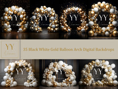 35 White Gold Black Balloon Arch Digital Backdrops Sets for Graduation Photography Fine Arts Studio Photoshop Overlay