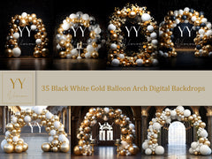 35 White Gold Black Balloon Arch Digital Backdrops Sets for Graduation Photography Fine Arts Studio Photoshop Overlay