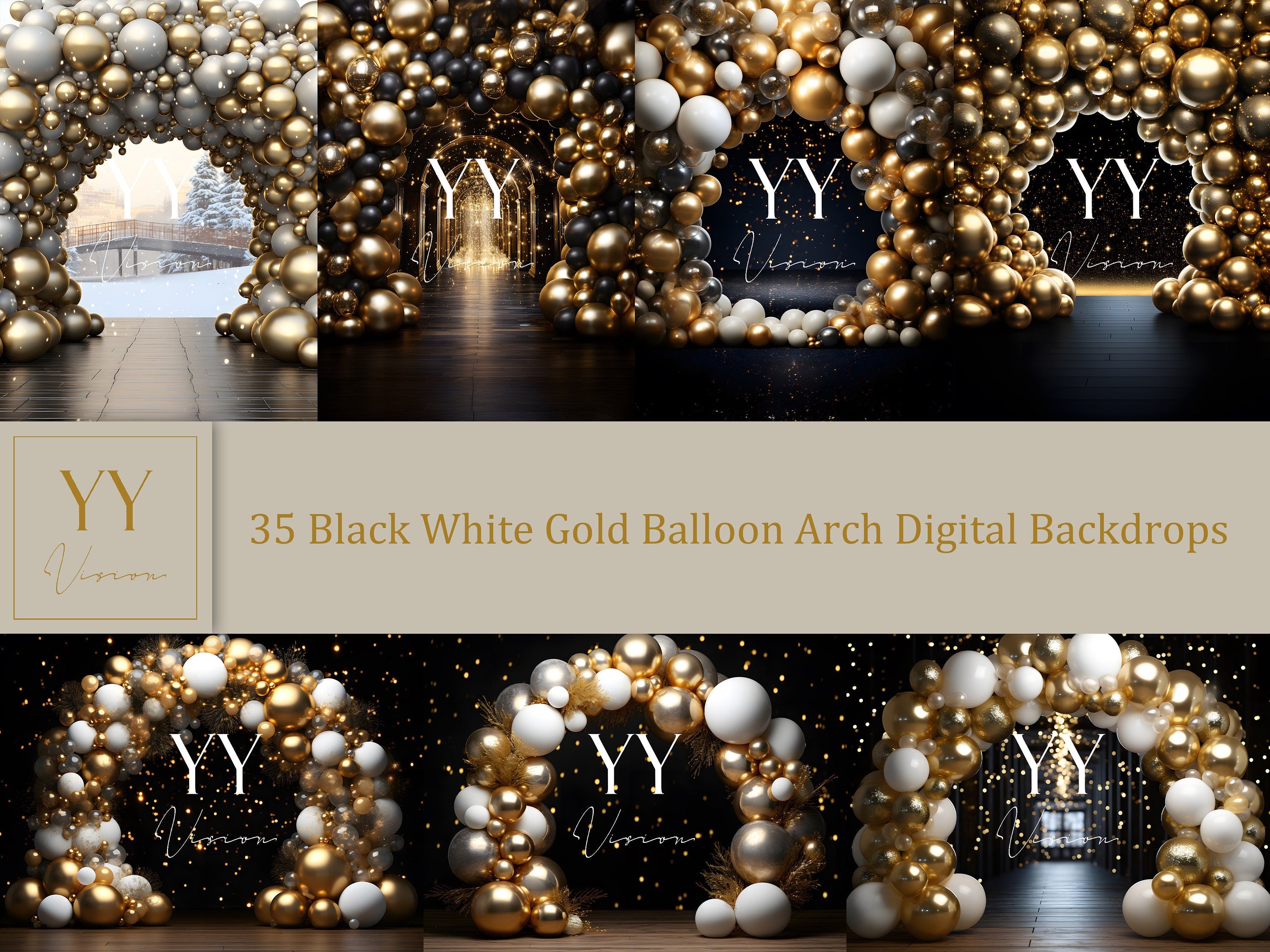 35 White Gold Black Balloon Arch Digital Backdrops Sets for Graduation Photography Fine Arts Studio Photoshop Overlay