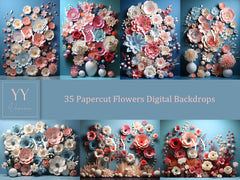 35 Papercut Quilling Flowers Digital Backdrops Sets for Newborn Baby Cake Smash Maternity Photography Fine Arts Studio Photoshop Background