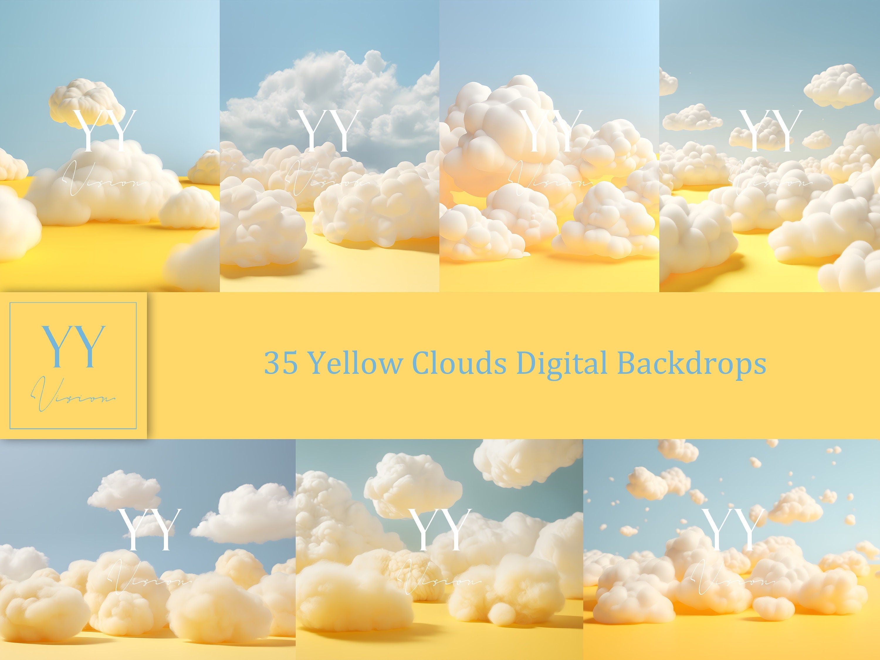 35 Yellow Cloud Digital Backdrops Sets for Newborn Baby Cake Smash Maternity Photography Fine Arts Studio Photoshop overlay