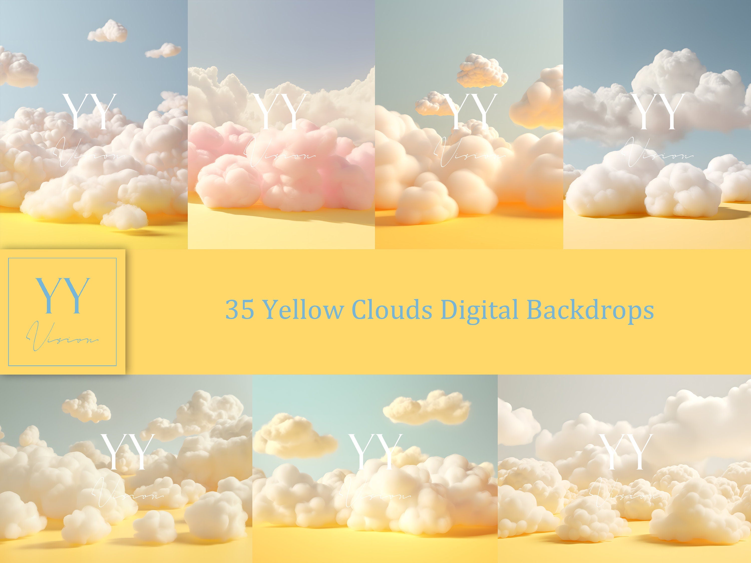 35 Yellow Cloud Digital Backdrops Sets for Newborn Baby Cake Smash Maternity Photography Fine Arts Studio Photoshop overlay