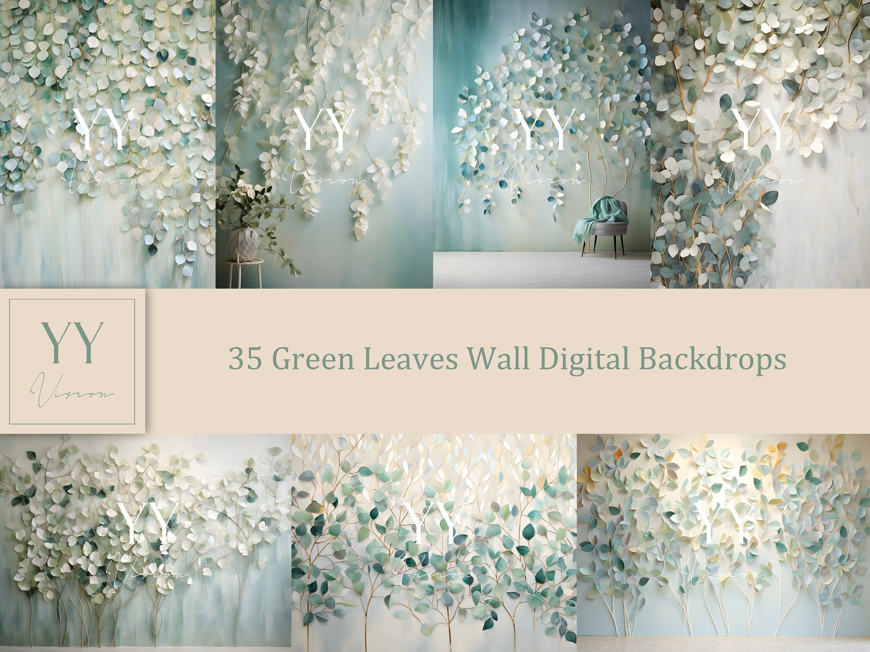 35 Green Leaves Wall Digital Backdrops Sets for Wedding Maternity Photography Fine Arts Studio Photoshop