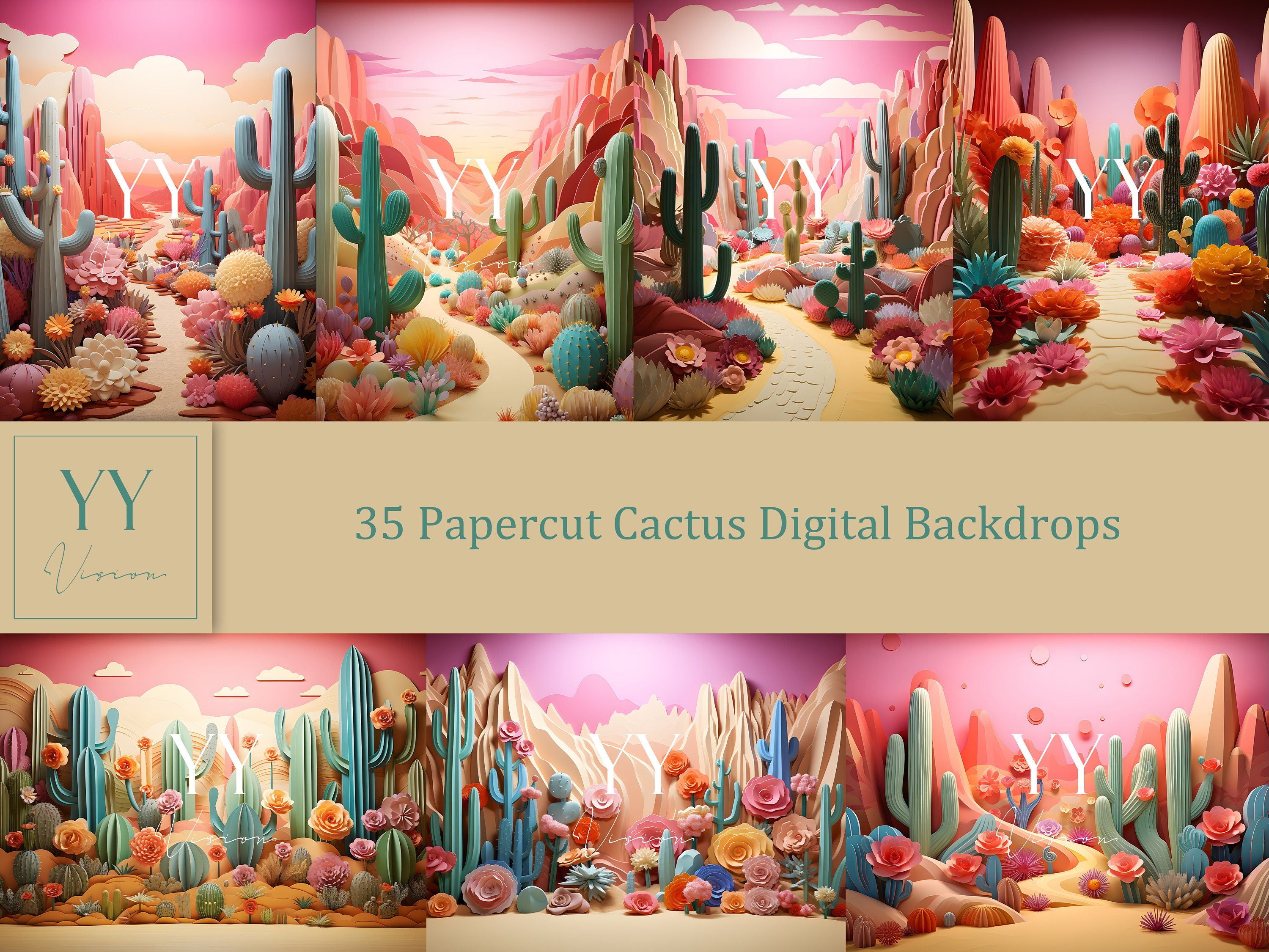 35 ensembles de toiles de fond numériques en forme de cactus découpés en papier pour la photographie d'aventure de gâteau de nouveau-né, studio d'art et Photoshop