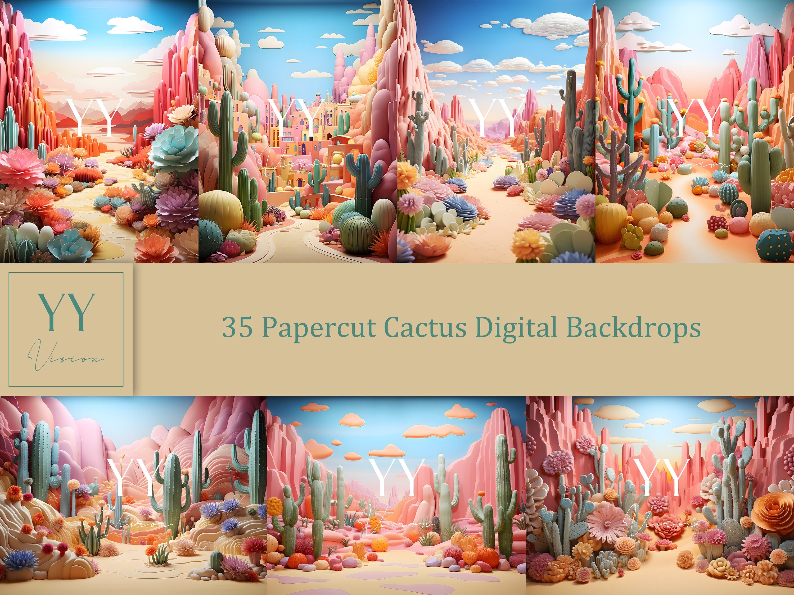 35 ensembles de toiles de fond numériques en forme de cactus découpés en papier pour la photographie d'aventure de gâteau de nouveau-né, studio d'art et Photoshop