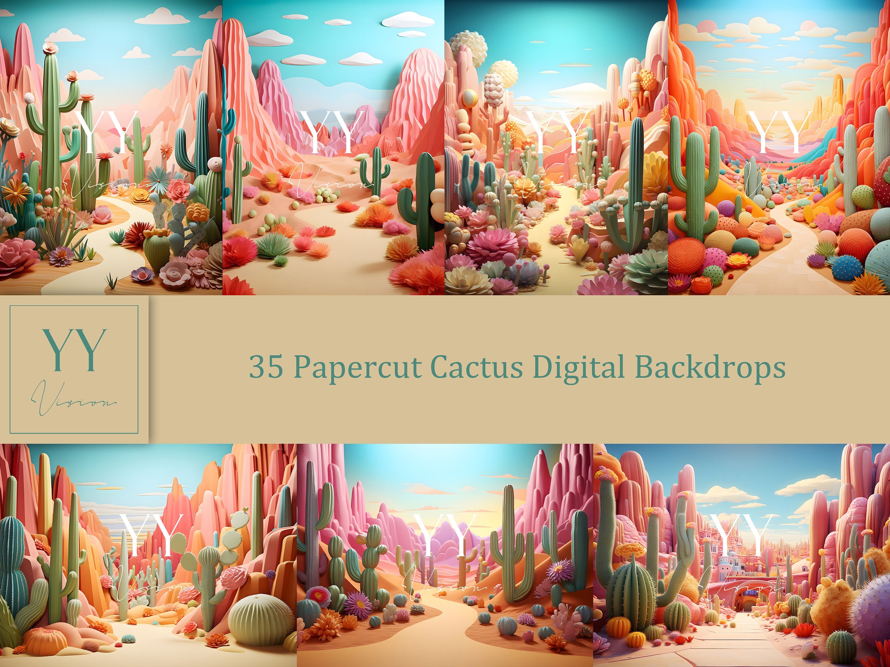 35 Papercut Cactus Digital Backdrops Sets for Newborn Baby Cake Smash Adventure Photography Fine Arts Studio Photoshop