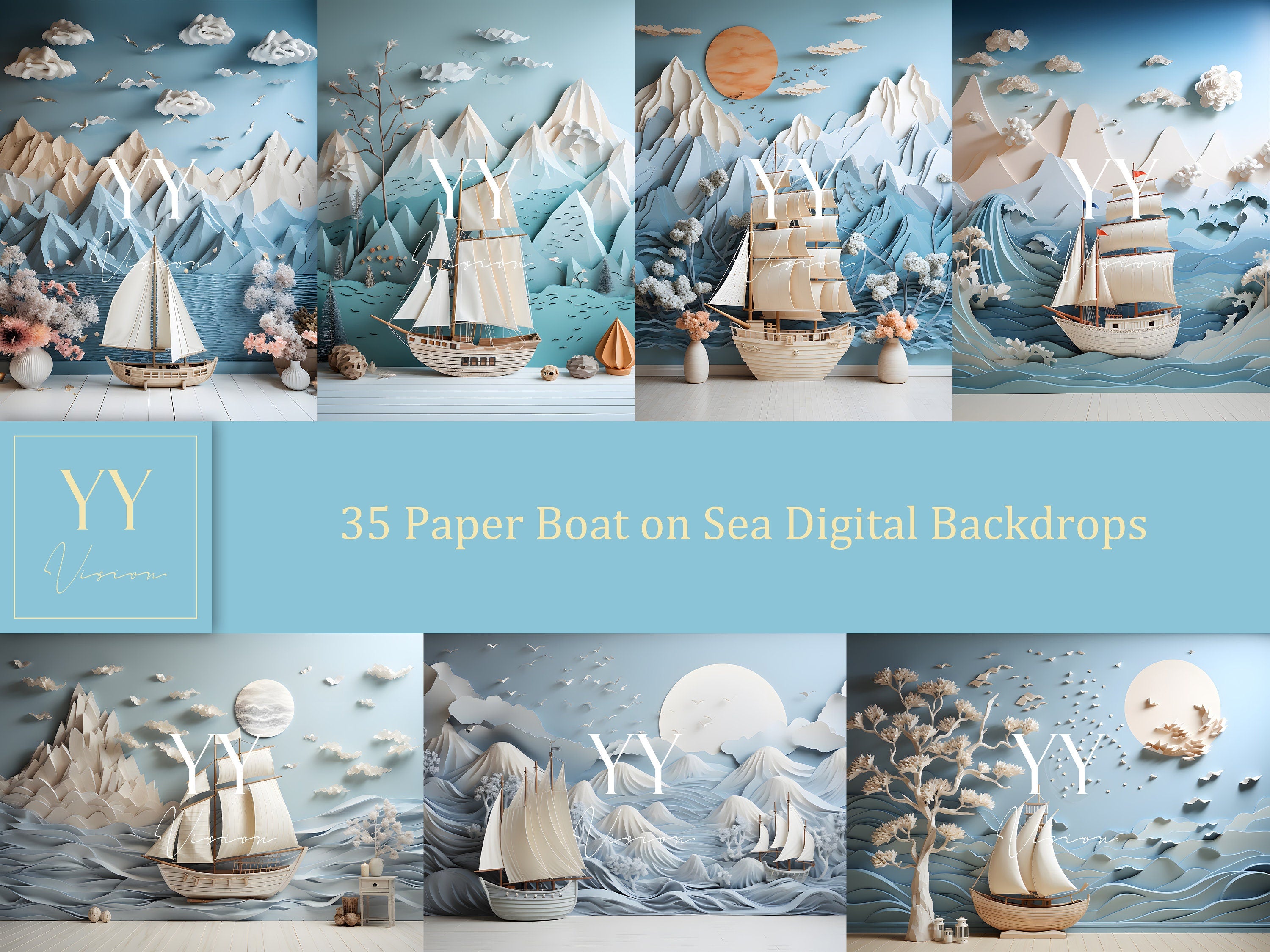 35 Papercut Boat on Sea Digital Backdrops Sets Newborn Baby Cake Smash Maternity Photography Fine Arts Studio Photoshop overlay