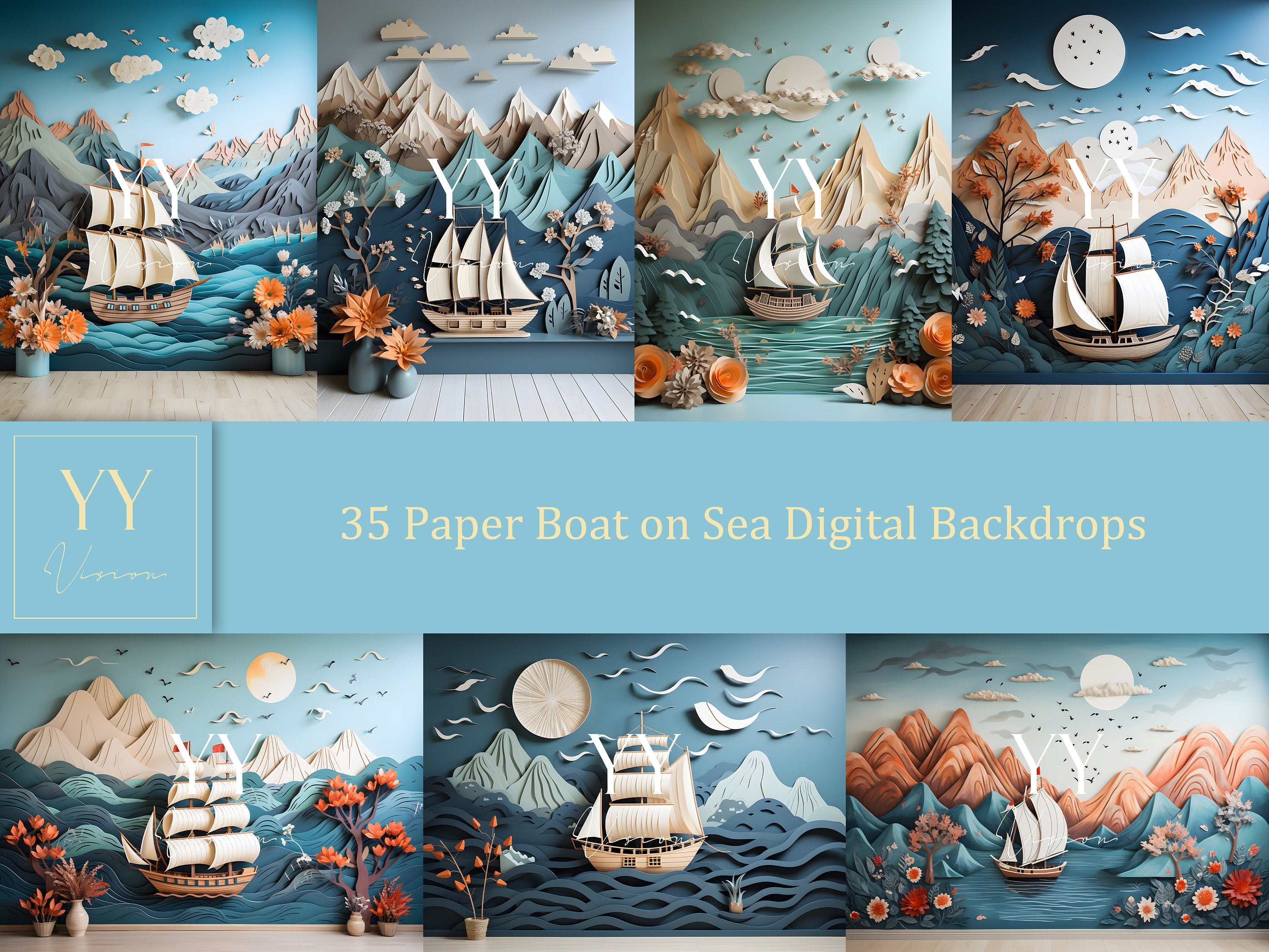 35 Papercut Boat on Sea Digital Backdrops Sets Newborn Baby Cake Smash Maternity Photography Fine Arts Studio Photoshop overlay