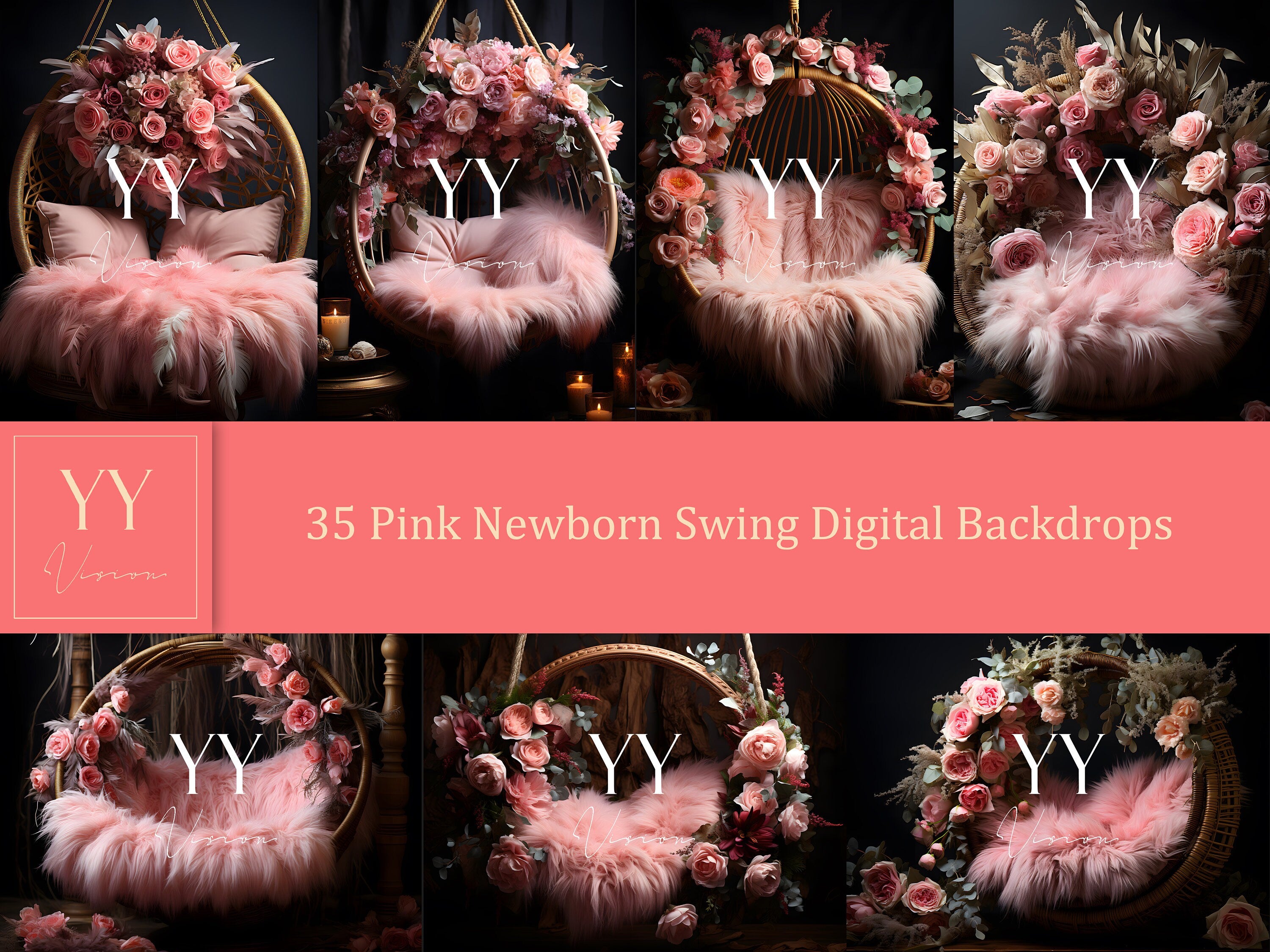 35 Pink Newborn Baby Swing Digital Backdrops Sets for Newborn Maternity Photography Fine Arts Studio Photoshop Background