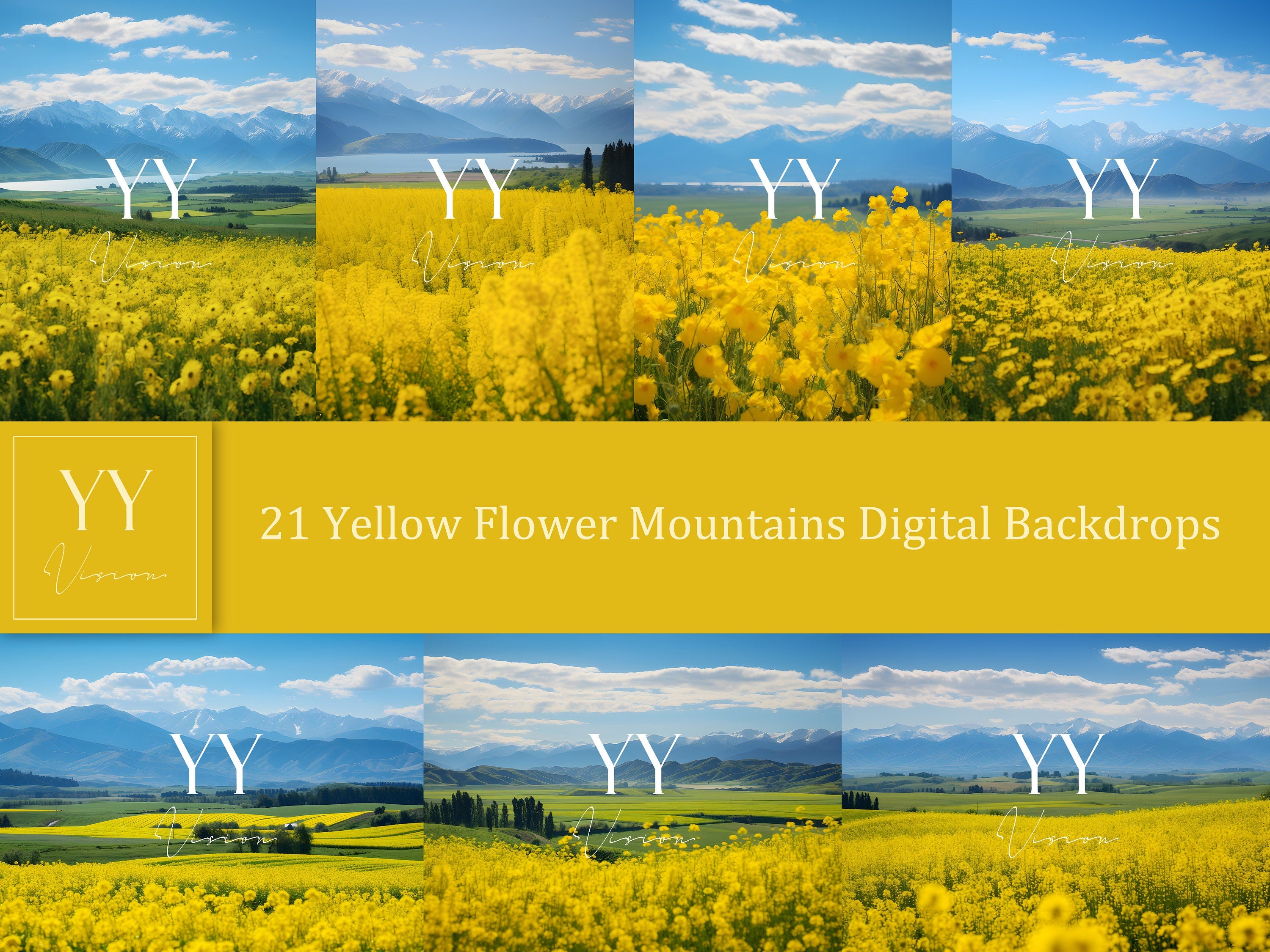 21 ensembles de toiles de fond numériques de montagnes de fleurs jaunes pour la photographie de mariage, de maternité, d'enfants, de beaux-arts, de studio Photoshop