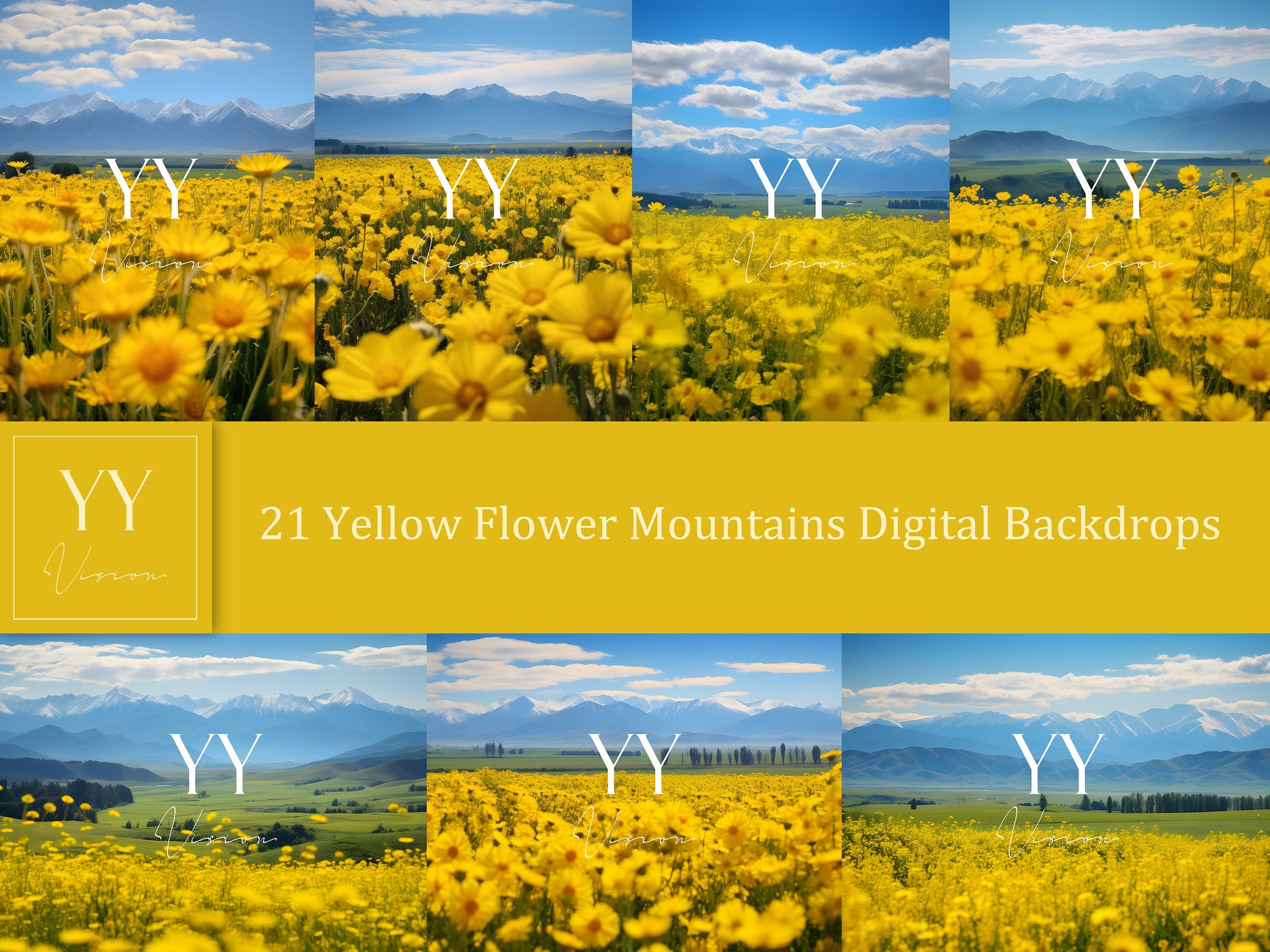 21 Yellow Flowers Mountains Digital Backdrops Sets for Wedding Maternity Kids Photography Fine Arts Studio Photoshop