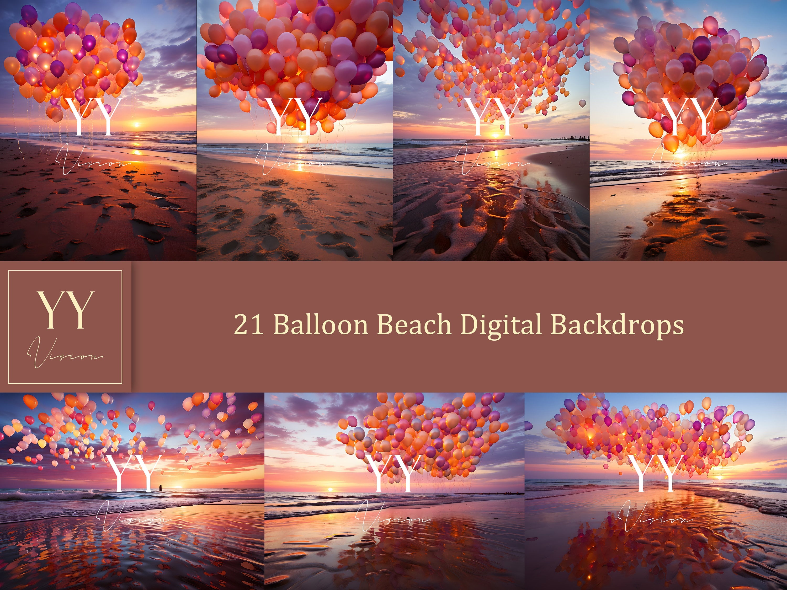 21 Ballon Strand digitale Hintergründe Sets für Hochzeit Schwangerschaft Fotografie Fine Arts Studio Photoshop Overlay