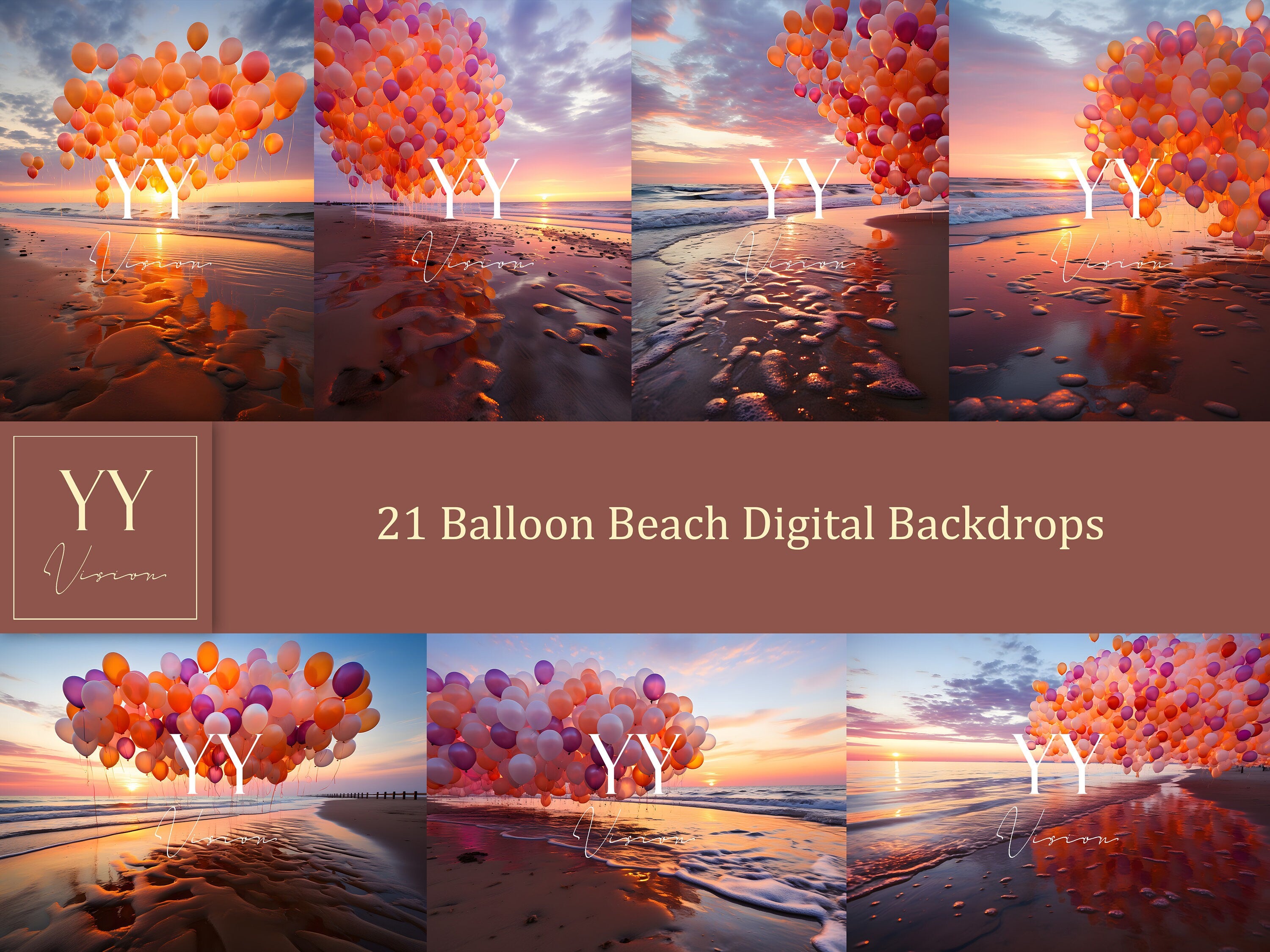 21 Ballon Strand digitale Hintergründe Sets für Hochzeit Schwangerschaft Fotografie Fine Arts Studio Photoshop Overlay