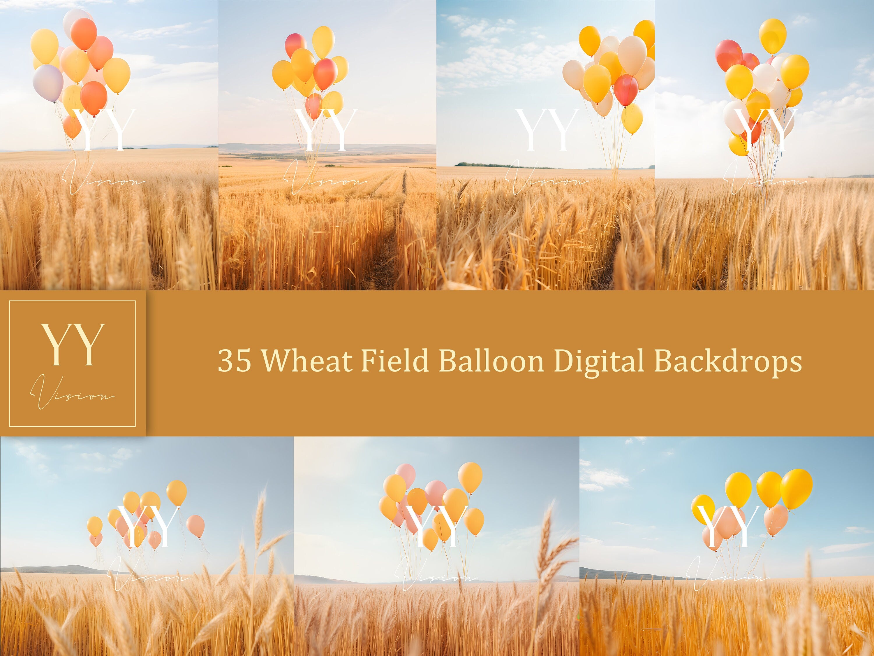 35 Ballon im Weizenfeld digitale Hintergründe Sets für Hochzeit Mutterschaft Geburtstag Fotografie Fine Arts Studio Photoshop Overlay