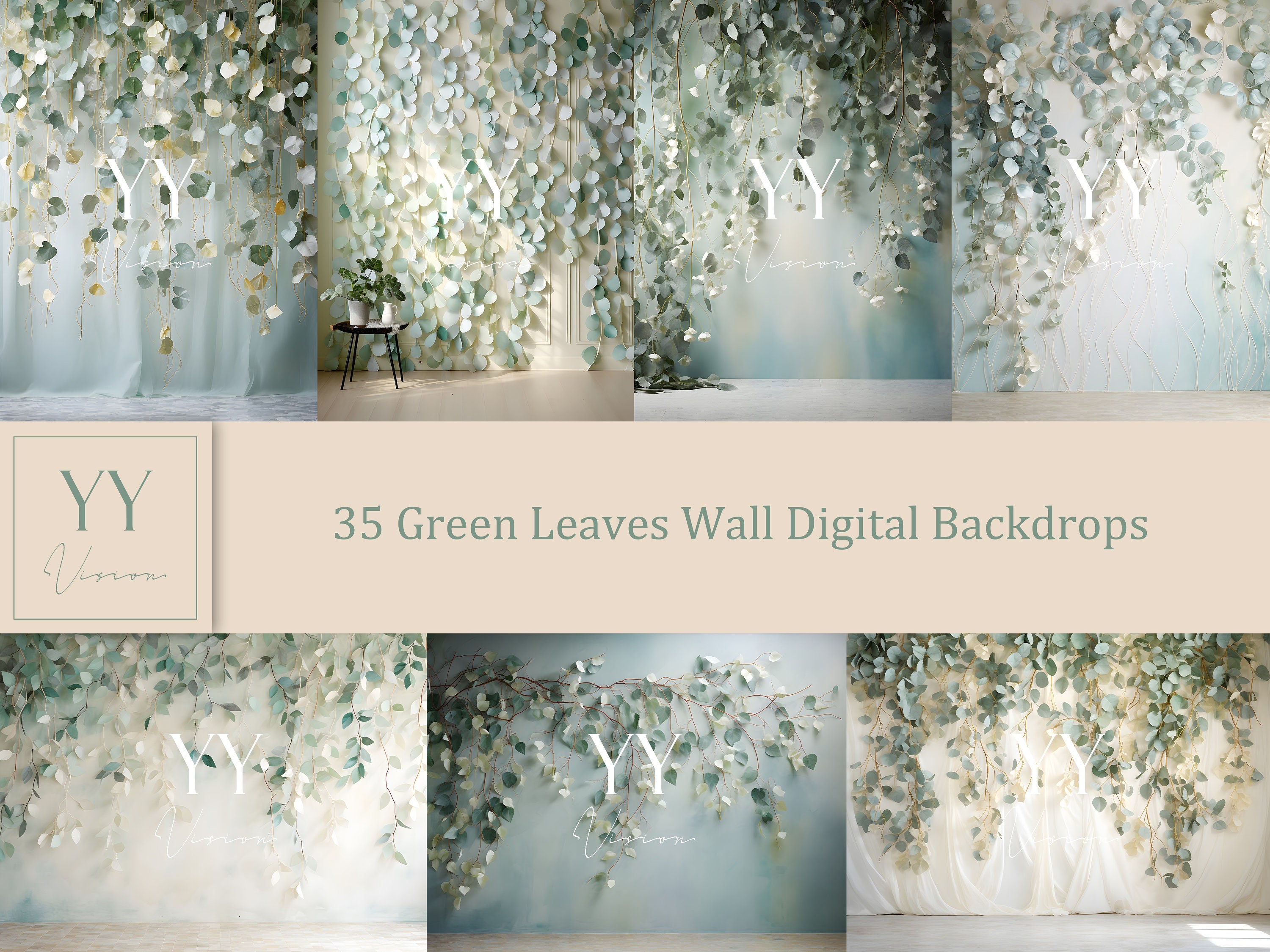 35 Green Leaves Wall Digital Backdrops Sets for Wedding Maternity Photography Fine Arts Studio Photoshop