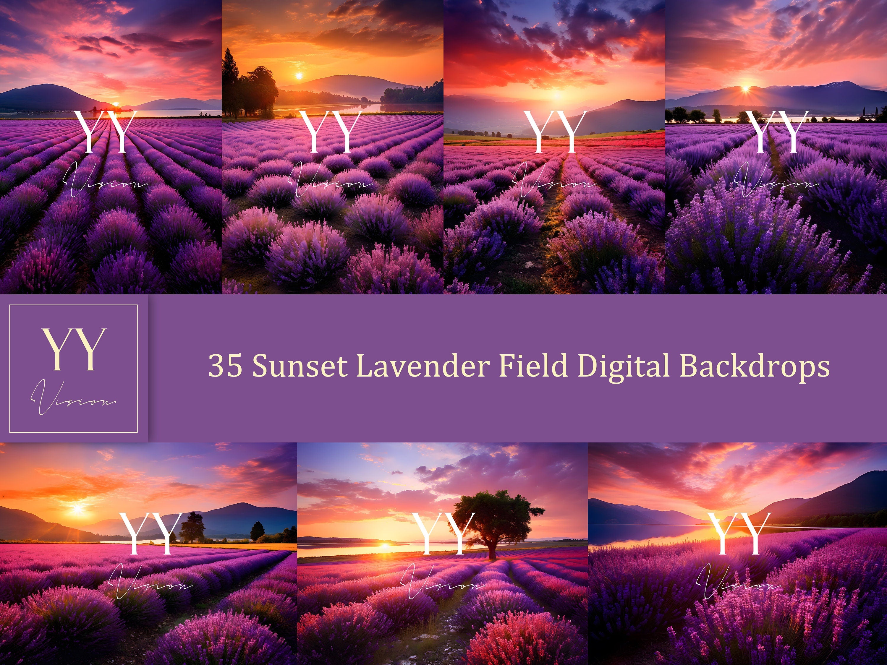 35 Sunset Lavender Field Digital Backdrops Sets for Wedding Maternity Kids Photography Fine Arts Studio Photoshop