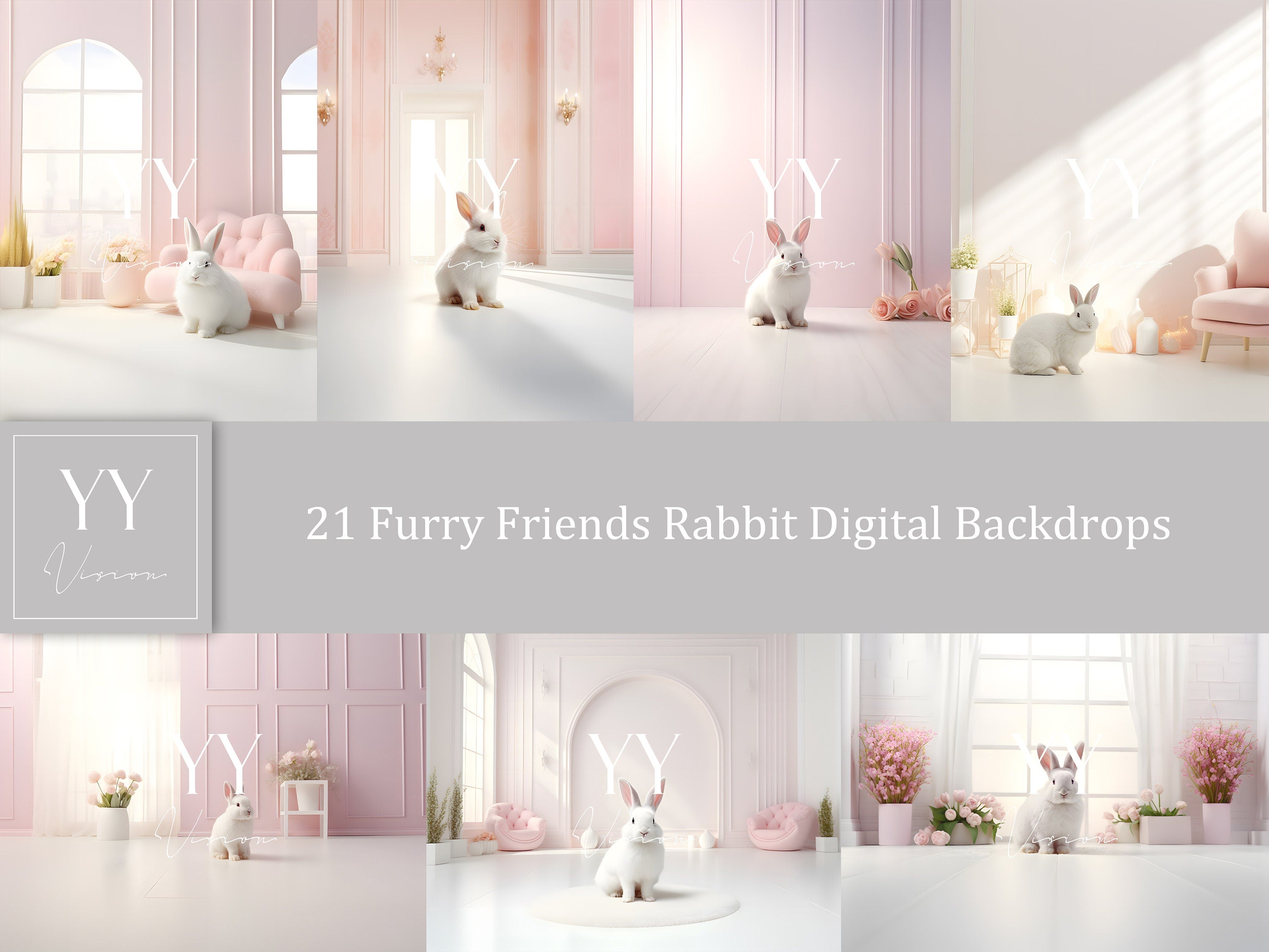 21 Furry Friends Kaninchenzimmer Digitale Hintergründe Sets für Geburtstag Cake Smash Fotografie Fine Arts Studio Photoshop Overlay