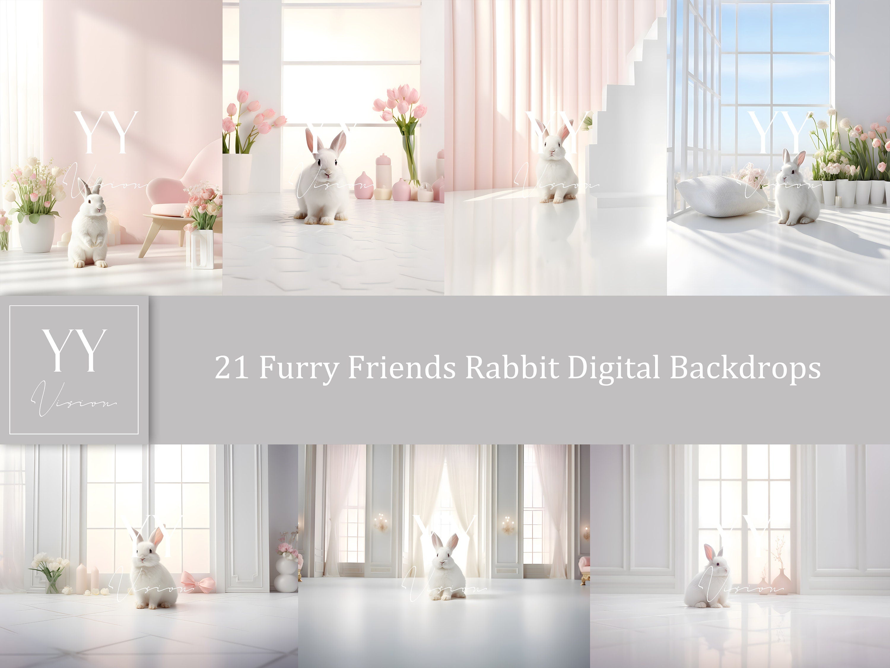 21 Furry Friends Kaninchenzimmer Digitale Hintergründe Sets für Geburtstag Cake Smash Fotografie Fine Arts Studio Photoshop Overlay