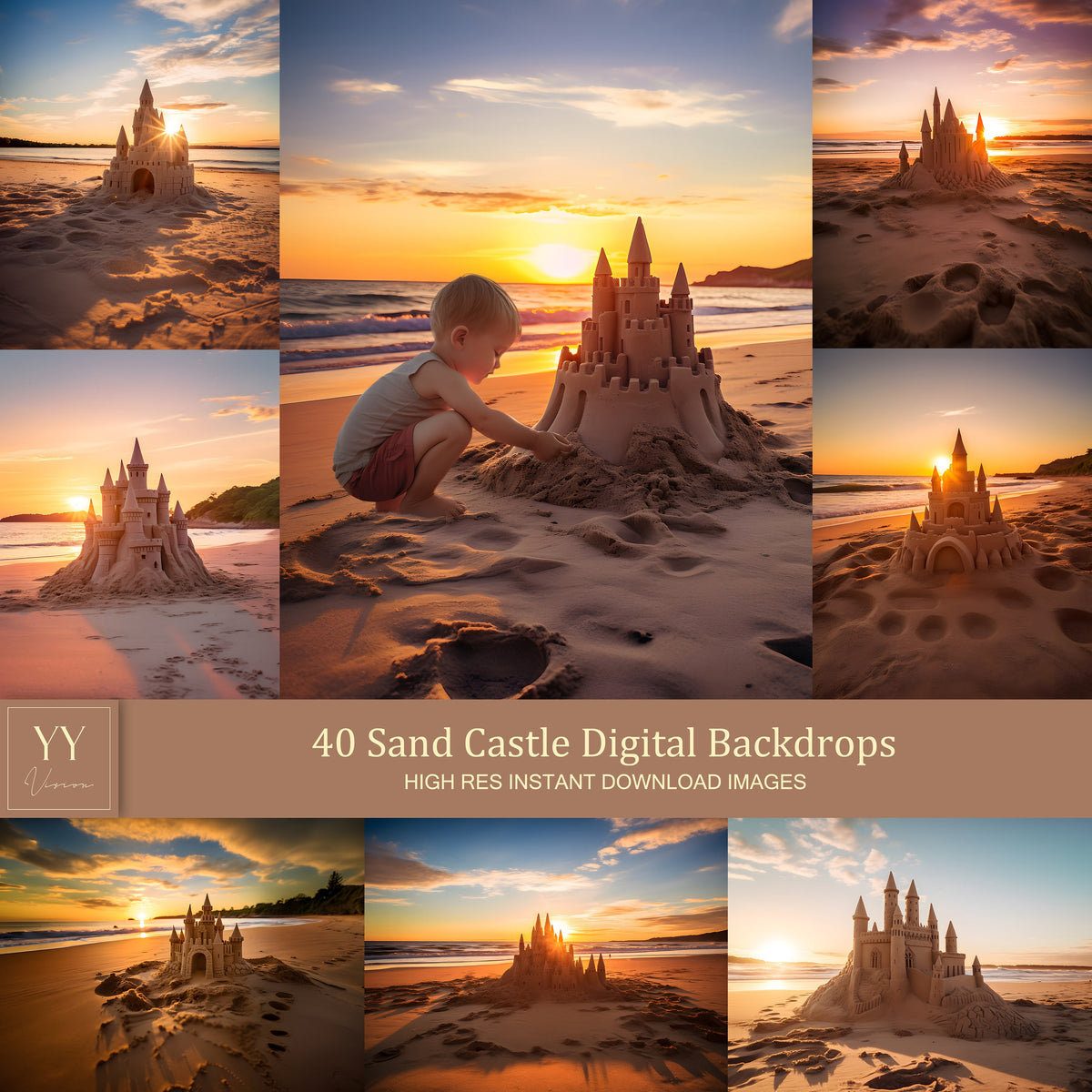 40 Sand Castle Beach Digital Backdrops Sets for Baby Kids Photography Fine Arts Studio Photoshop Overlay