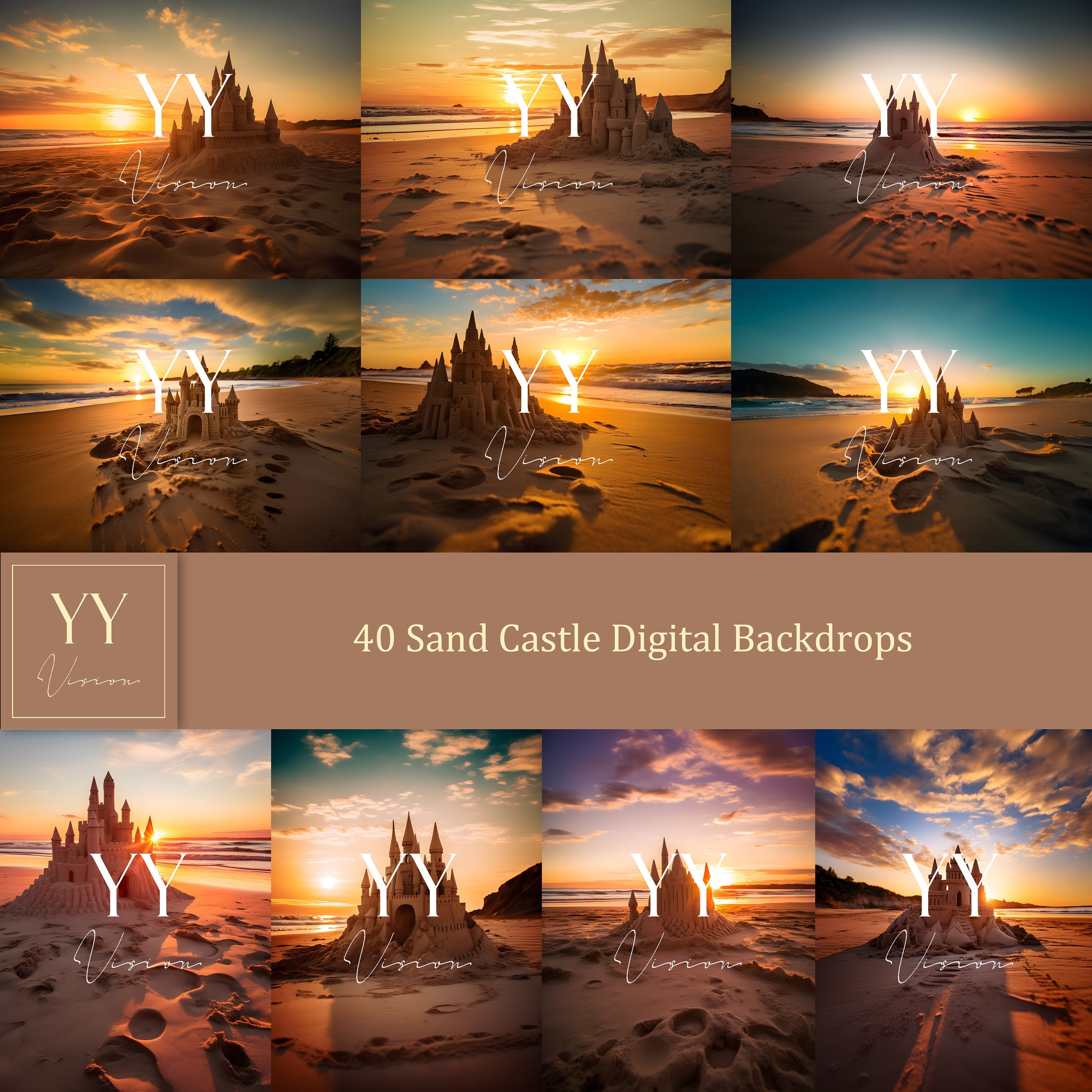 40 Sand Castle Beach Digital Backdrops Sets for Baby Kids Photography Fine Arts Studio Photoshop Overlay