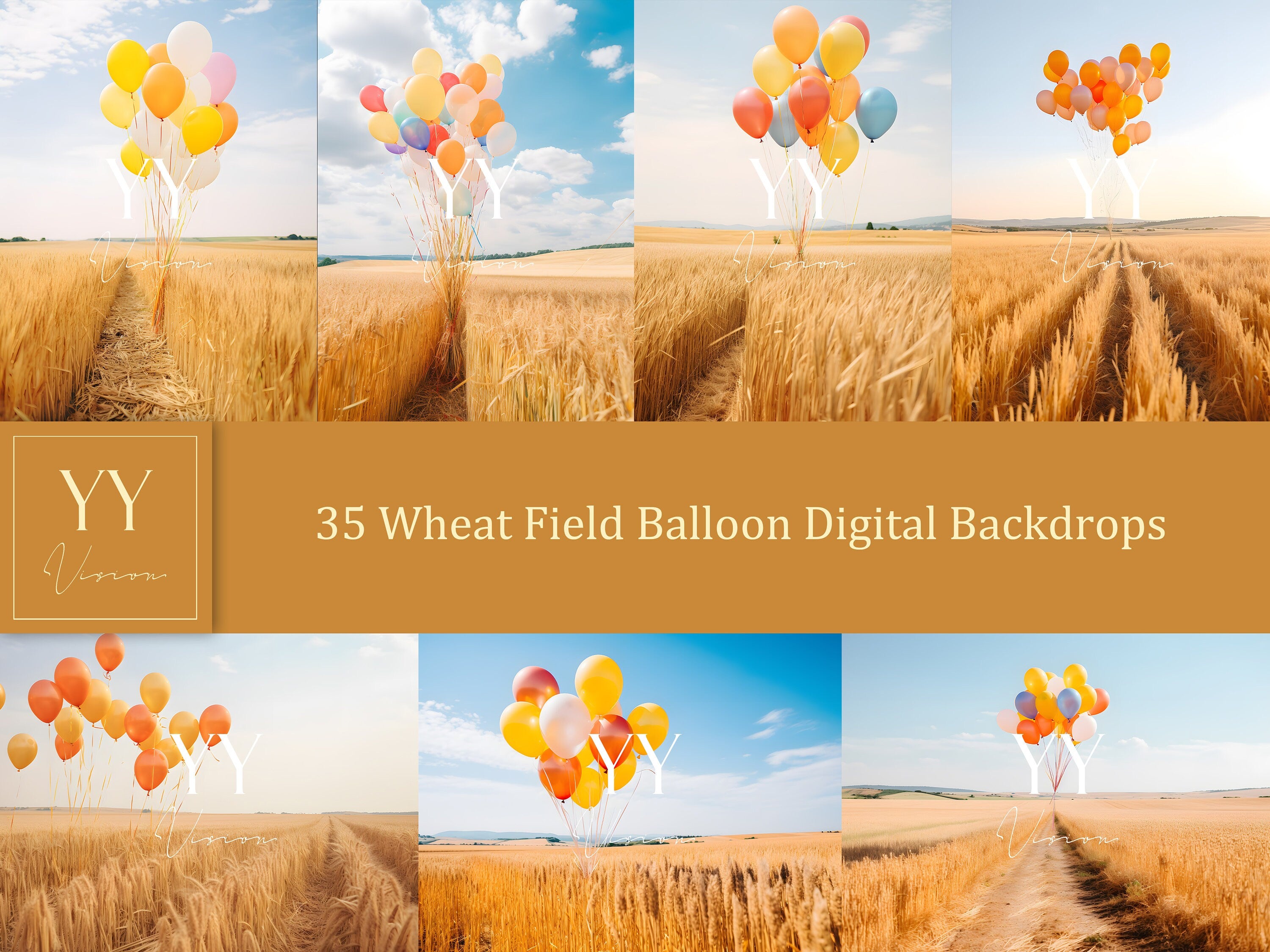 35 Balloon in Wheat Field Digital Backdrops Sets for Wedding Maternity Birthday Photography Fine Arts Studio Photoshop overlay