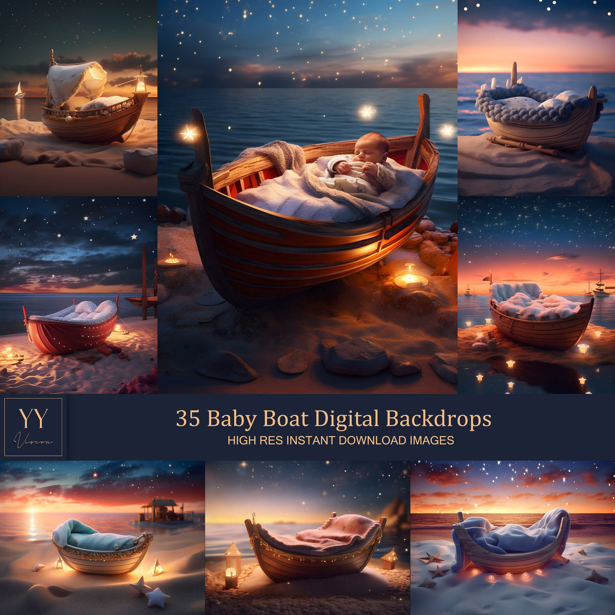 35 Newborn Baby on the Boat Digital Backdrops Sets for Maternity Photography Studio Digital Backdrop Photoshop