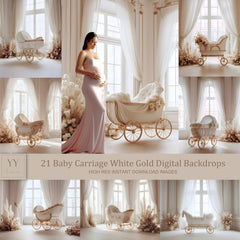 21 Baby Carriage White Gold Digital Backdrops Sets for Baby Shower Maternity Photography Fine Arts Studio Photoshop