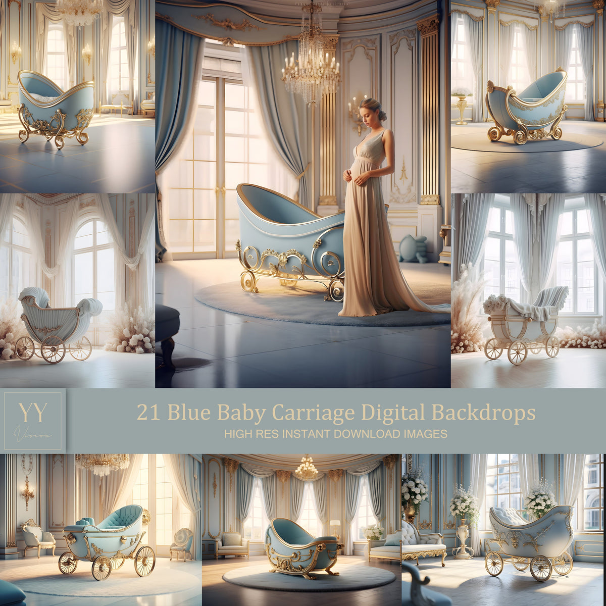 21 Baby Shower Carriage Blue Digital Backdrops Sets for Newborn Maternity Photography Fine Arts Studio Photoshop