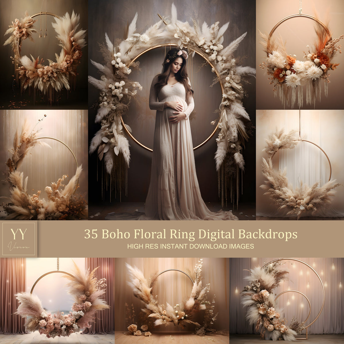 35 Boho Floral Ring Digital Backdrops Sets for Mystical Photography Wedding Maternity  Digital Backdrop Photoshop Background