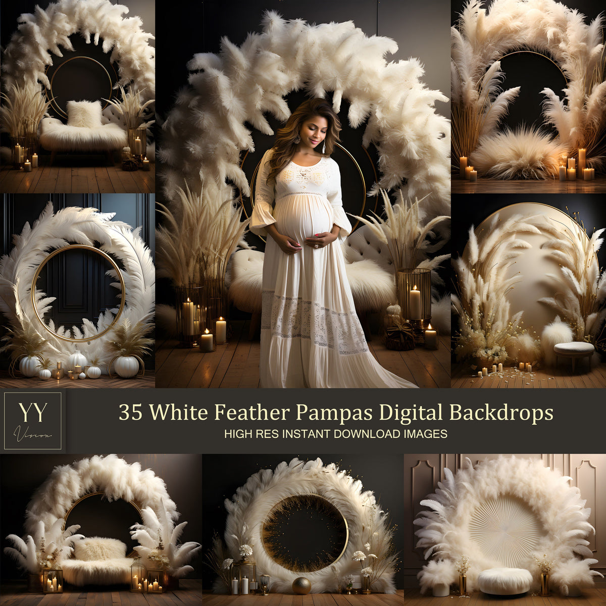 35 White Feather & Pampas Grass Dark Background Digital Backdrops Sets for Maternity Photography Wedding  Digital Backdrop Photoshop