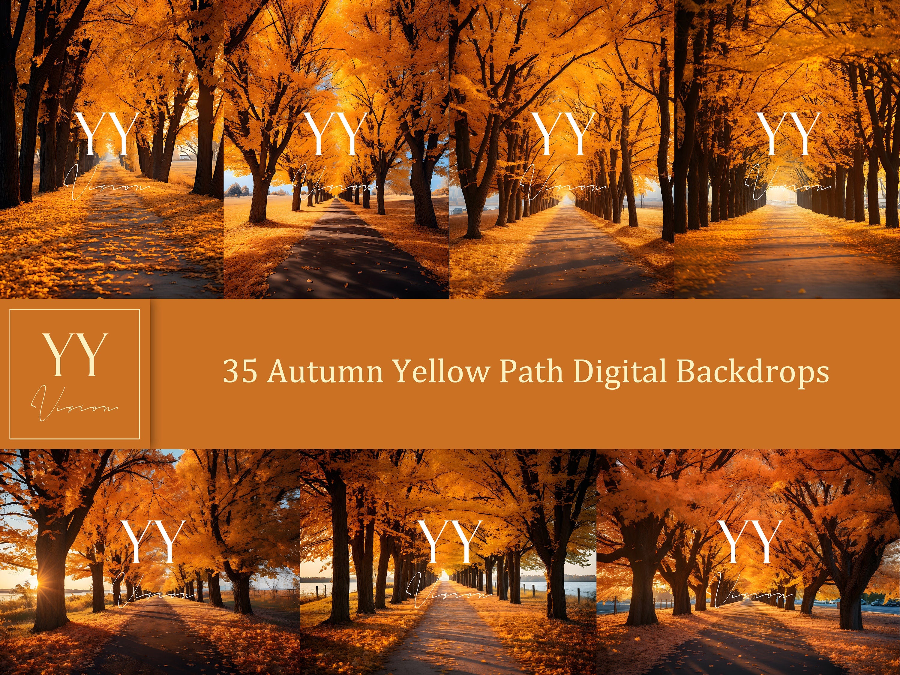 35 Autumn Yellow Path Digital Backdrops Sets for Wedding Maternity Birthday Photography Fine Arts Studio Photoshop overlay