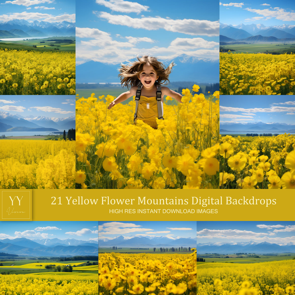 21 ensembles de toiles de fond numériques de montagnes de fleurs jaunes pour la photographie de mariage, de maternité, d'enfants, de beaux-arts, de studio Photoshop