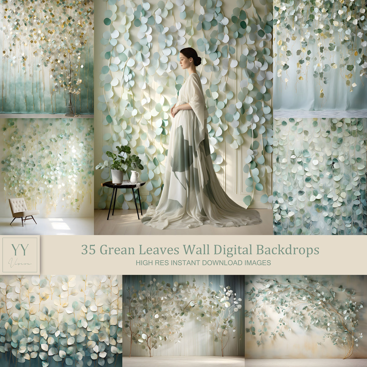 35 Green Leaves Wall Digital Backdrops Sets for Wedding Maternity Photography Fine Arts Studio Photoshop